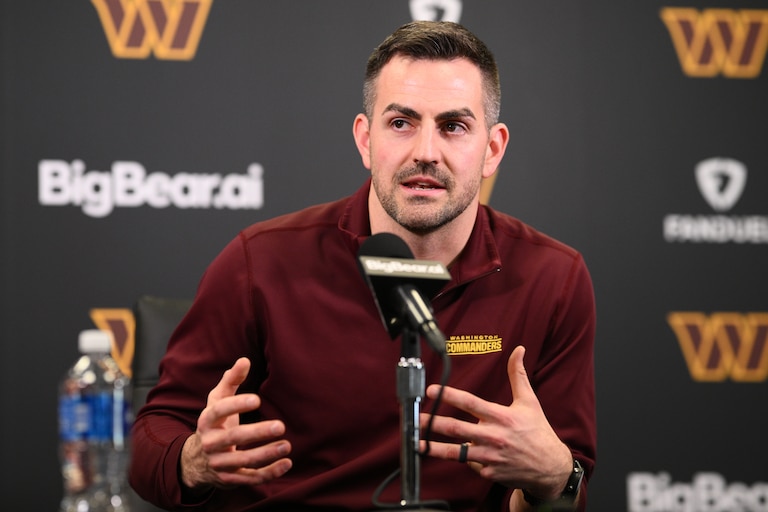 Washington Commanders offensive coordinator David Blough speaks to the media during an NFL football press conference, Tuesday, Feb. 10, 2026, in Ashburn, Va. (AP Photo/Nick Wass)