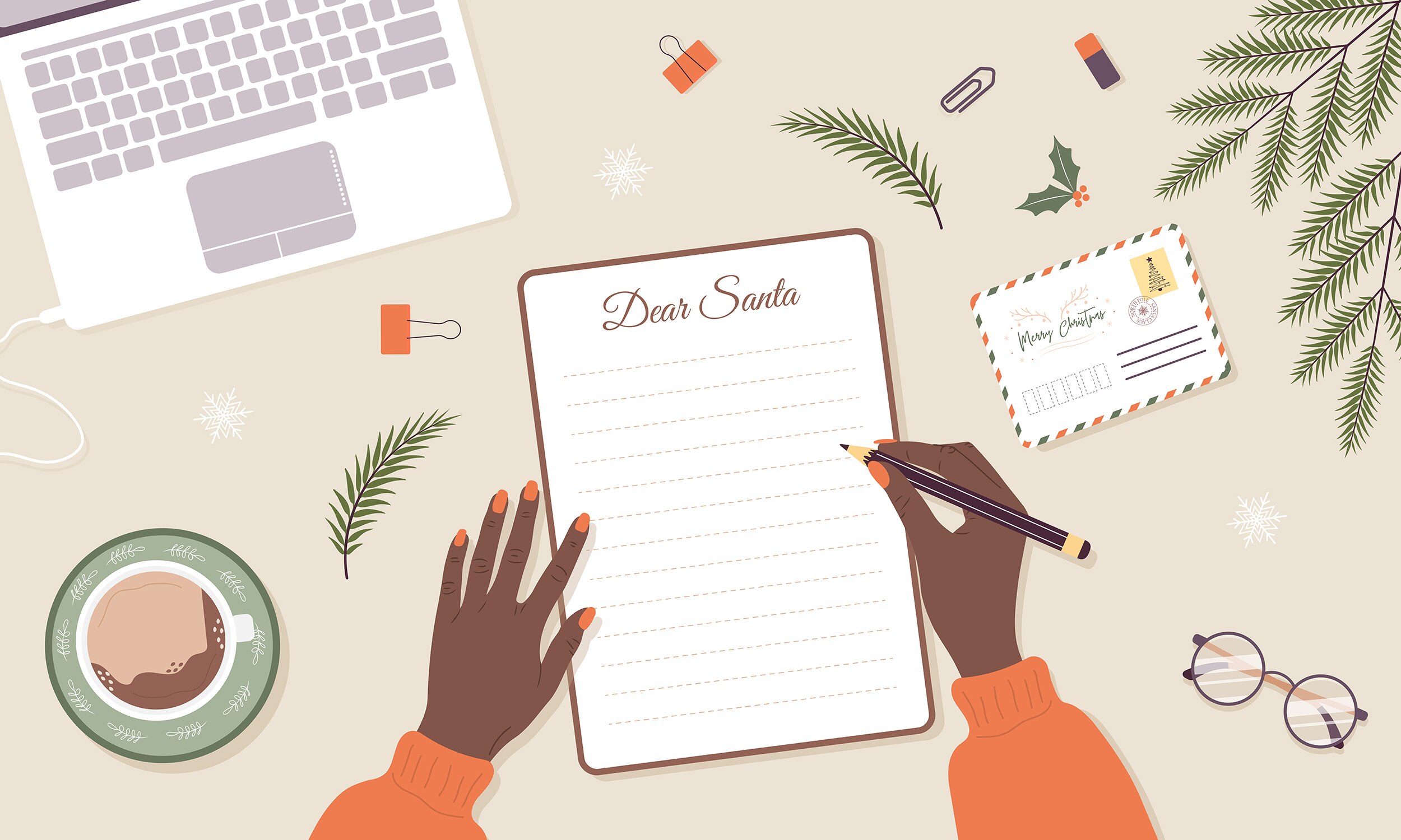 Illustration of a woman making a Christmas list.