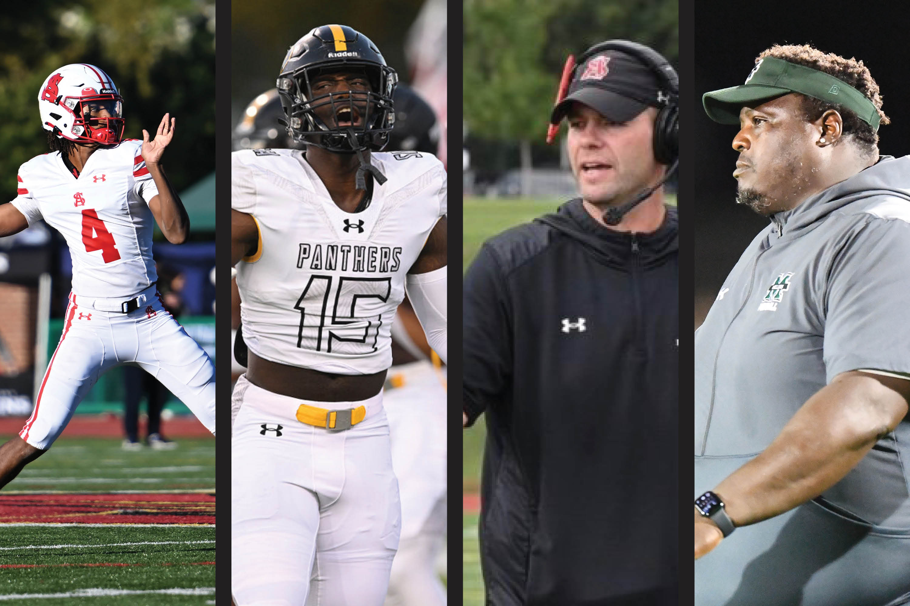 From left: Offensive Player of the Year: Malik Washington; Defensive Player of the Year: Dashawn Womack; Co-Coach of the Year: Kyle Schmitt; and Co-Coach of the Year: Reggie White