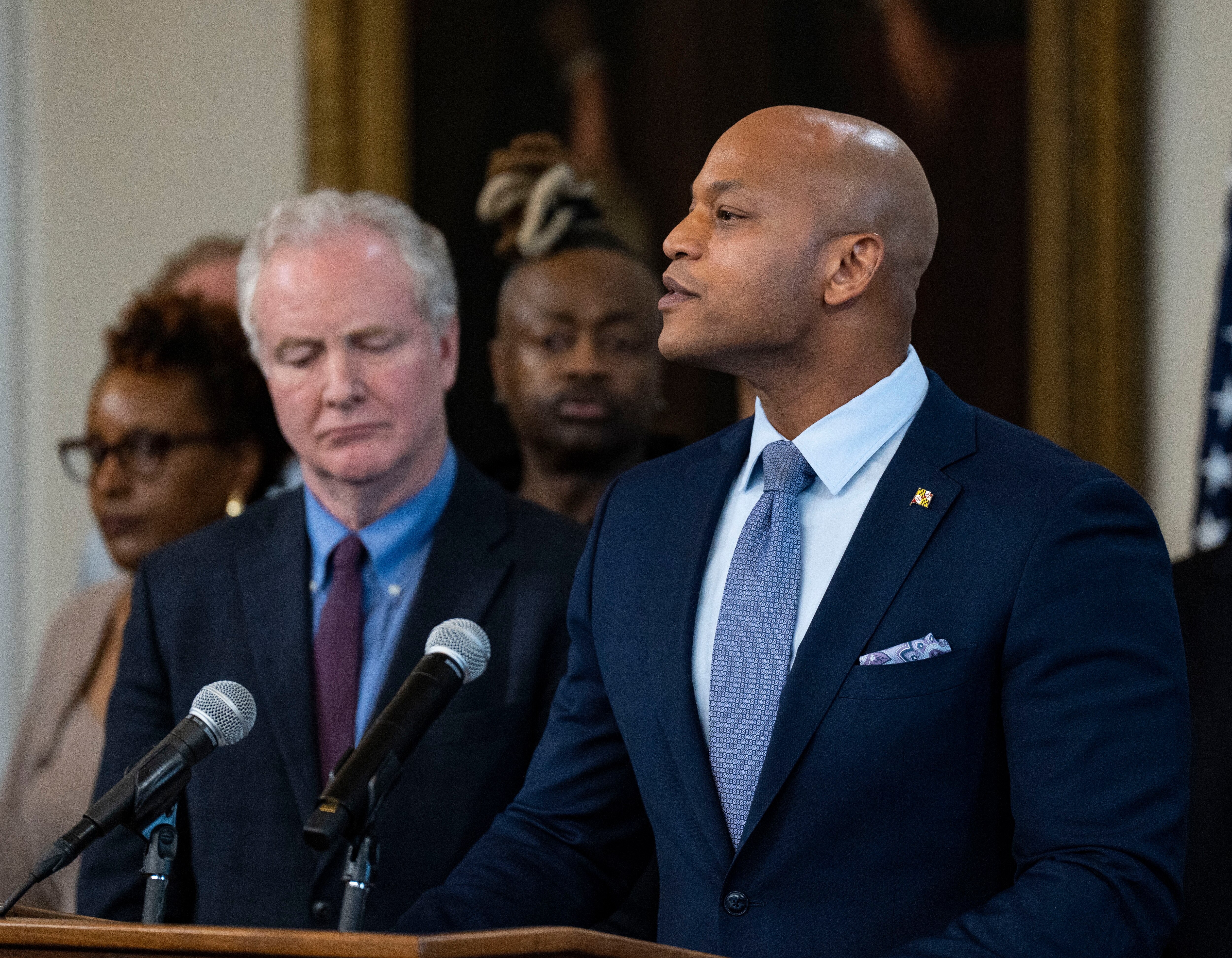 Maryland Gov. Wes Moore, speaking at a news conference in Annapolis, discusses the state’s response to the Trump administration’s assault on the federal government.