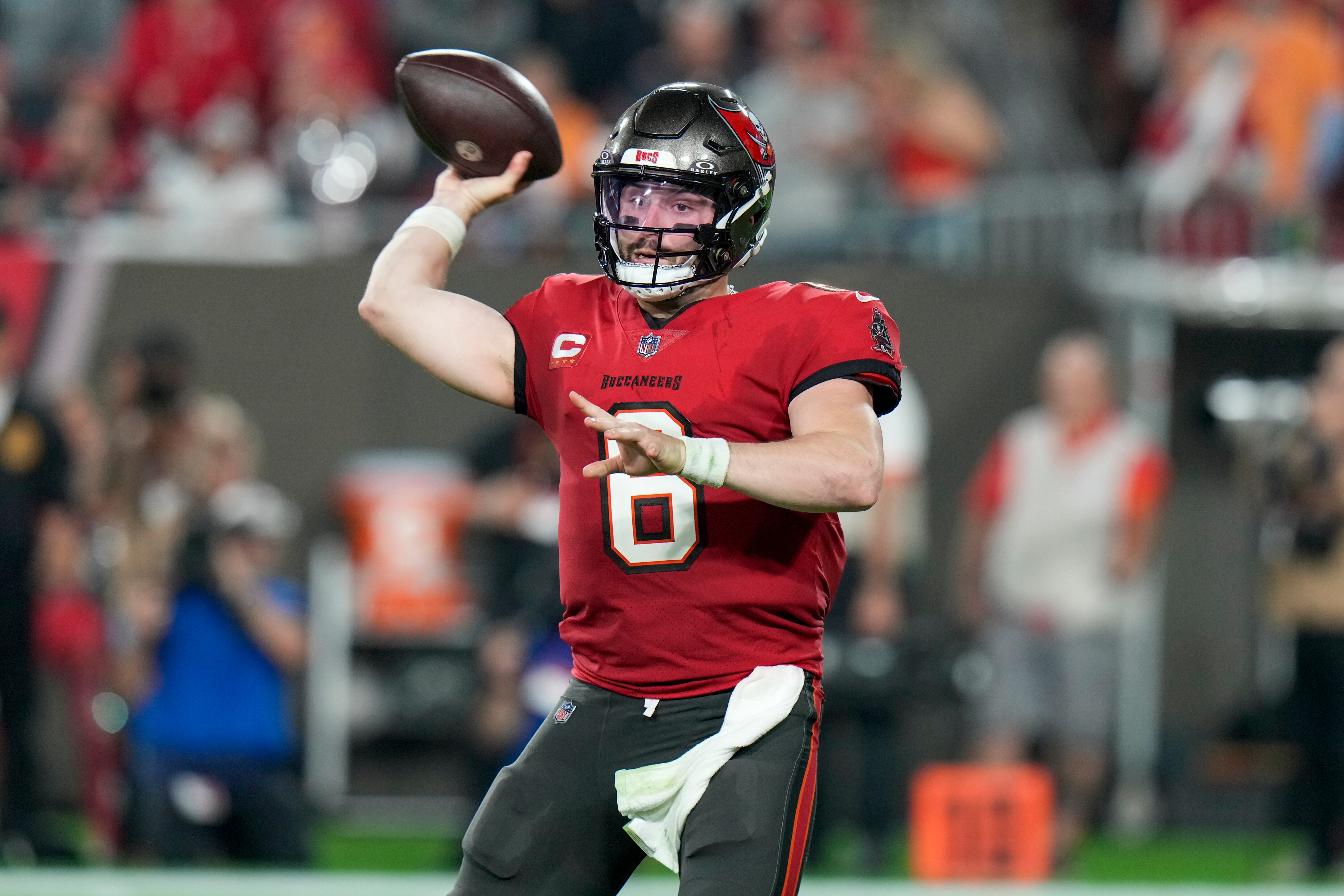 Tampa Bay Buccaneers quarterback Baker Mayfield throws a pass against the Philadelphia Eagles during the first half of an NFL wild-card playoff football game, Monday, Jan. 15, 2024, in Tampa, Fla. (AP Photo/Chris O'Meara)