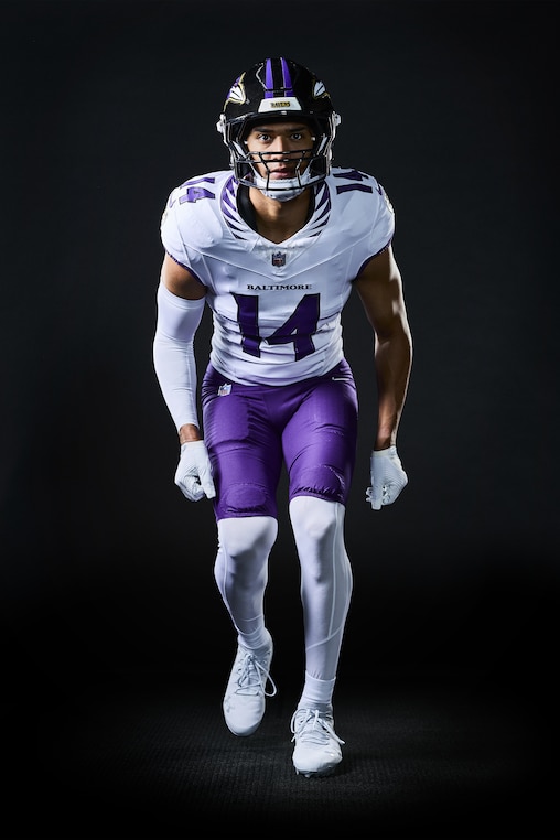 Baltimore Ravens Kyle Hamilton models the newly-redesigned team uniform.
