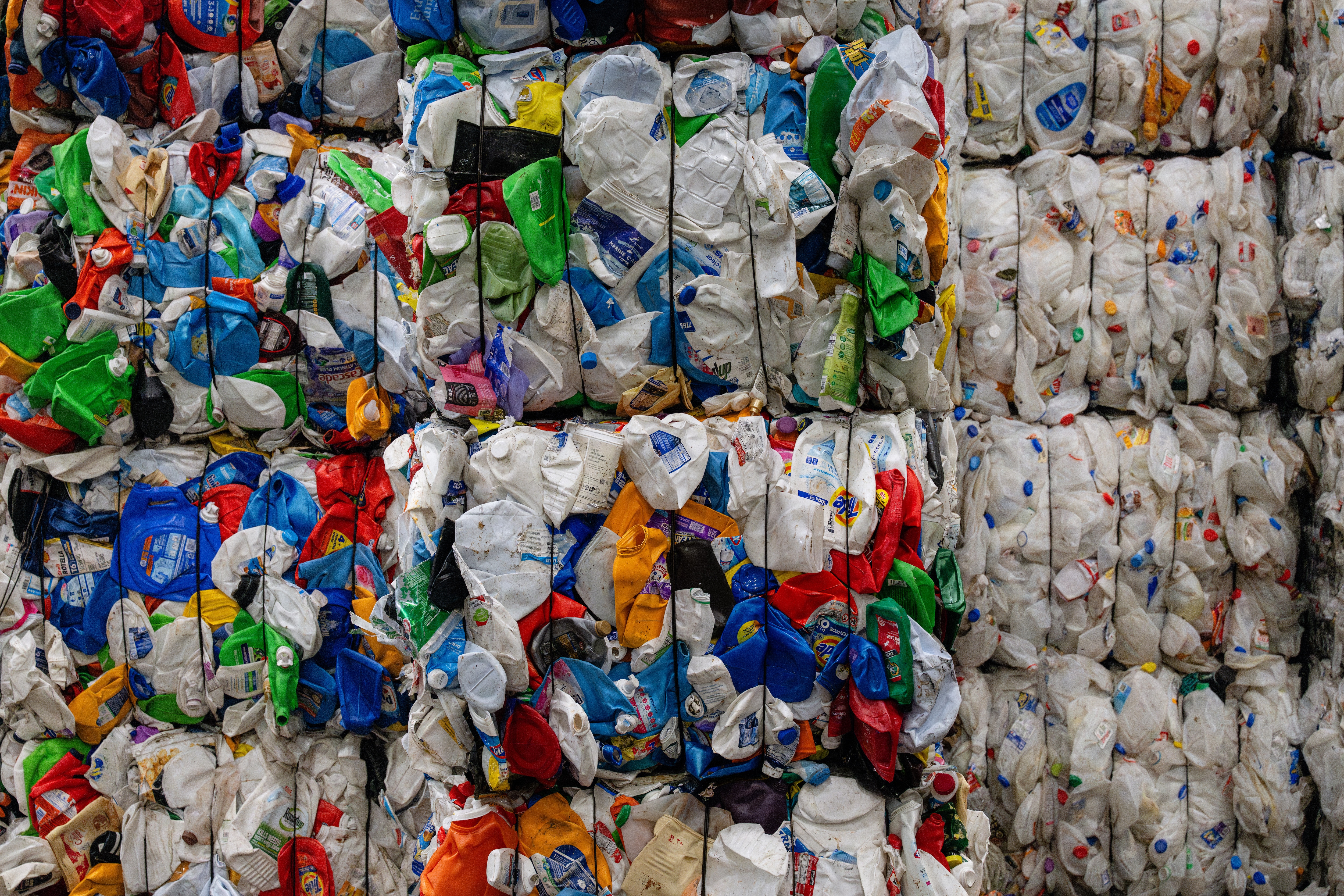 Bales of various plastics are stacked within the Materials Recovery Facility at the Baltimore County Central Acceptance Facility, as seen during a tour of the facility on May 23rd, 2025 in Cockeysville, MD.