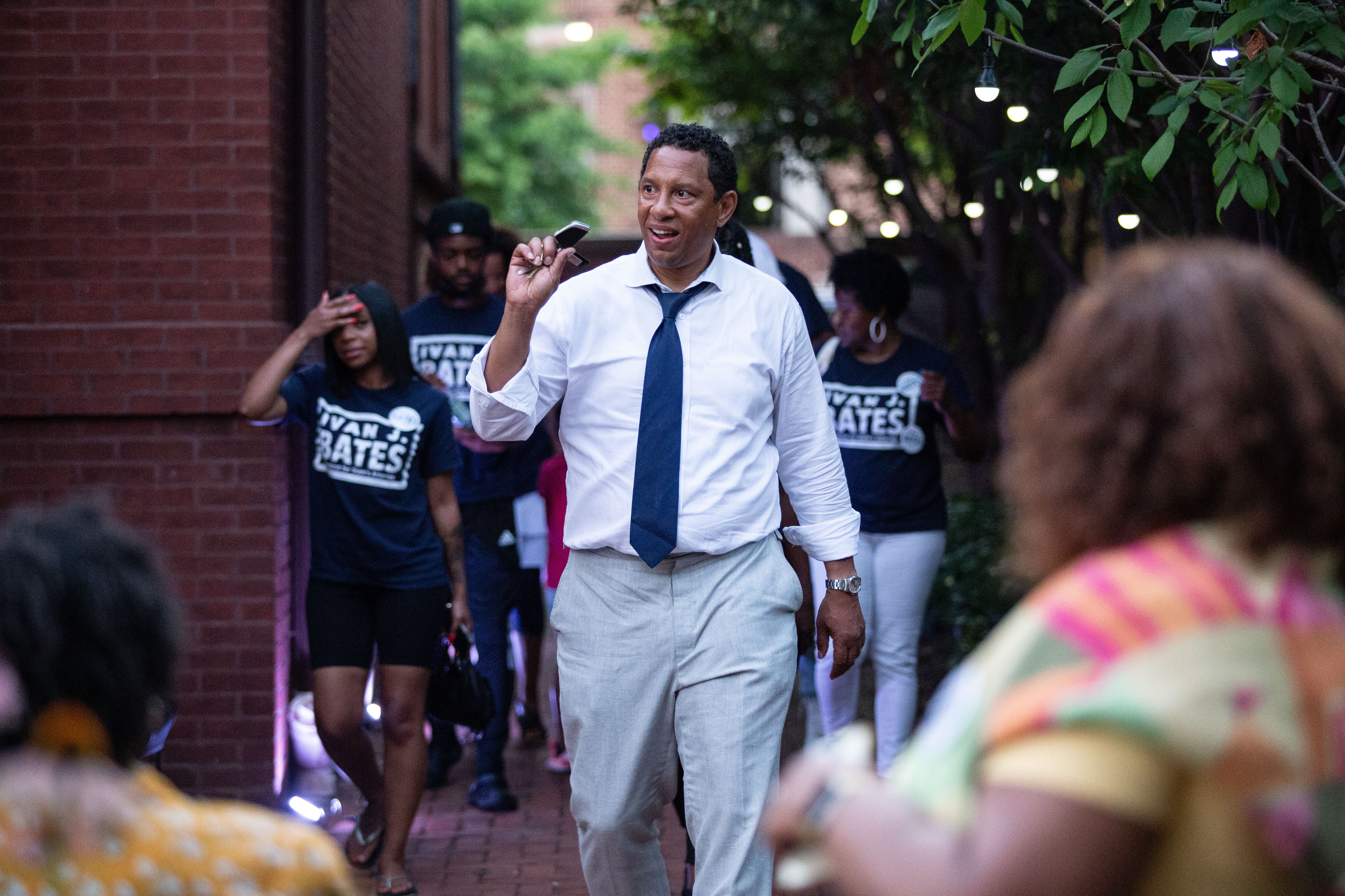 Baltimore City State's Attorney candidate Ivan Bates arrives at at his election night event on Tuesday night. Maryland held its primary election on Tuesday, July 19.