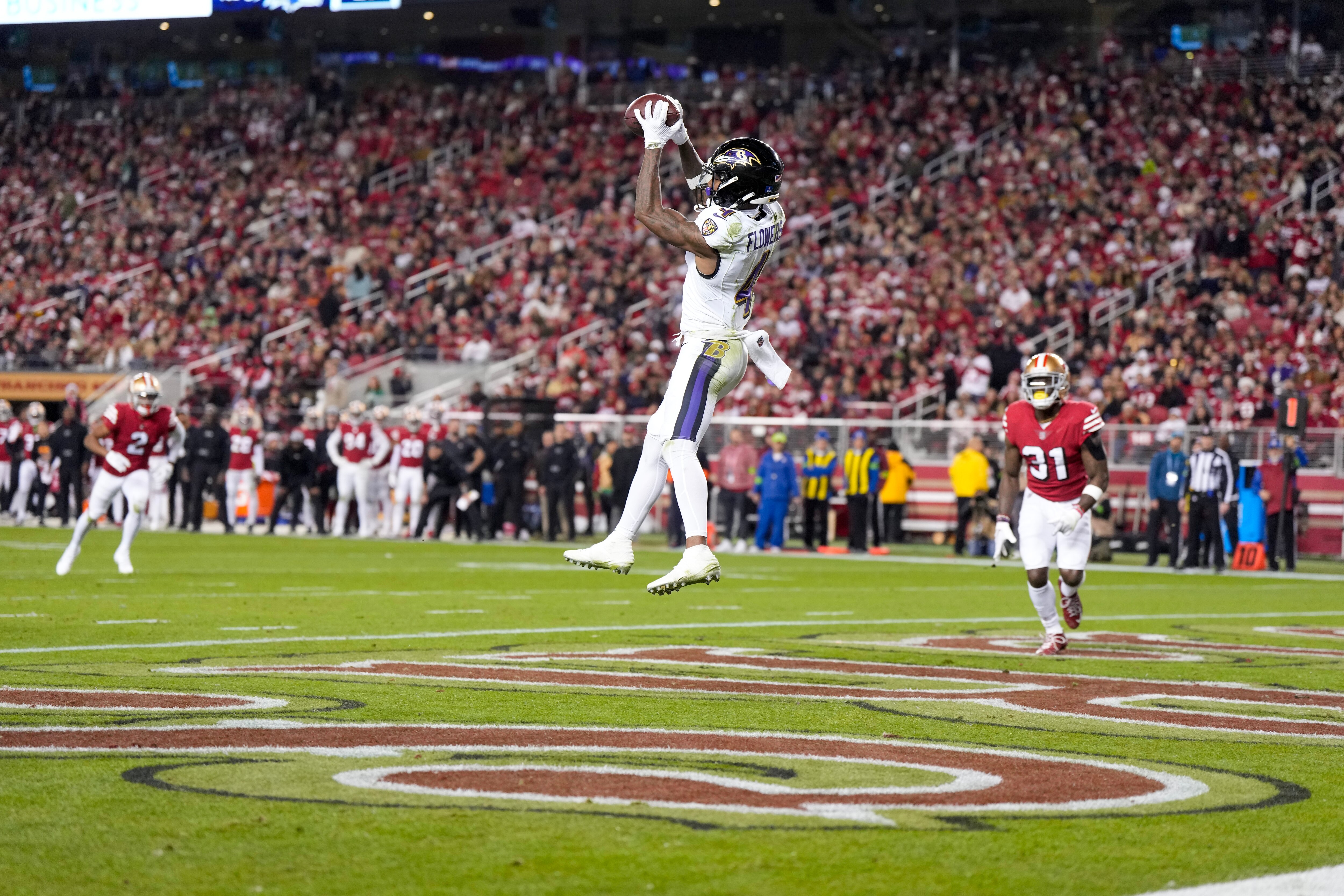 Zay Flowers, #4 of the Baltimore Ravens, catches a touchdown pass during the third quarter against the San Francisco 49ers at Levi's Stadium on Dec. 25, 2023 in Santa Clara, California.