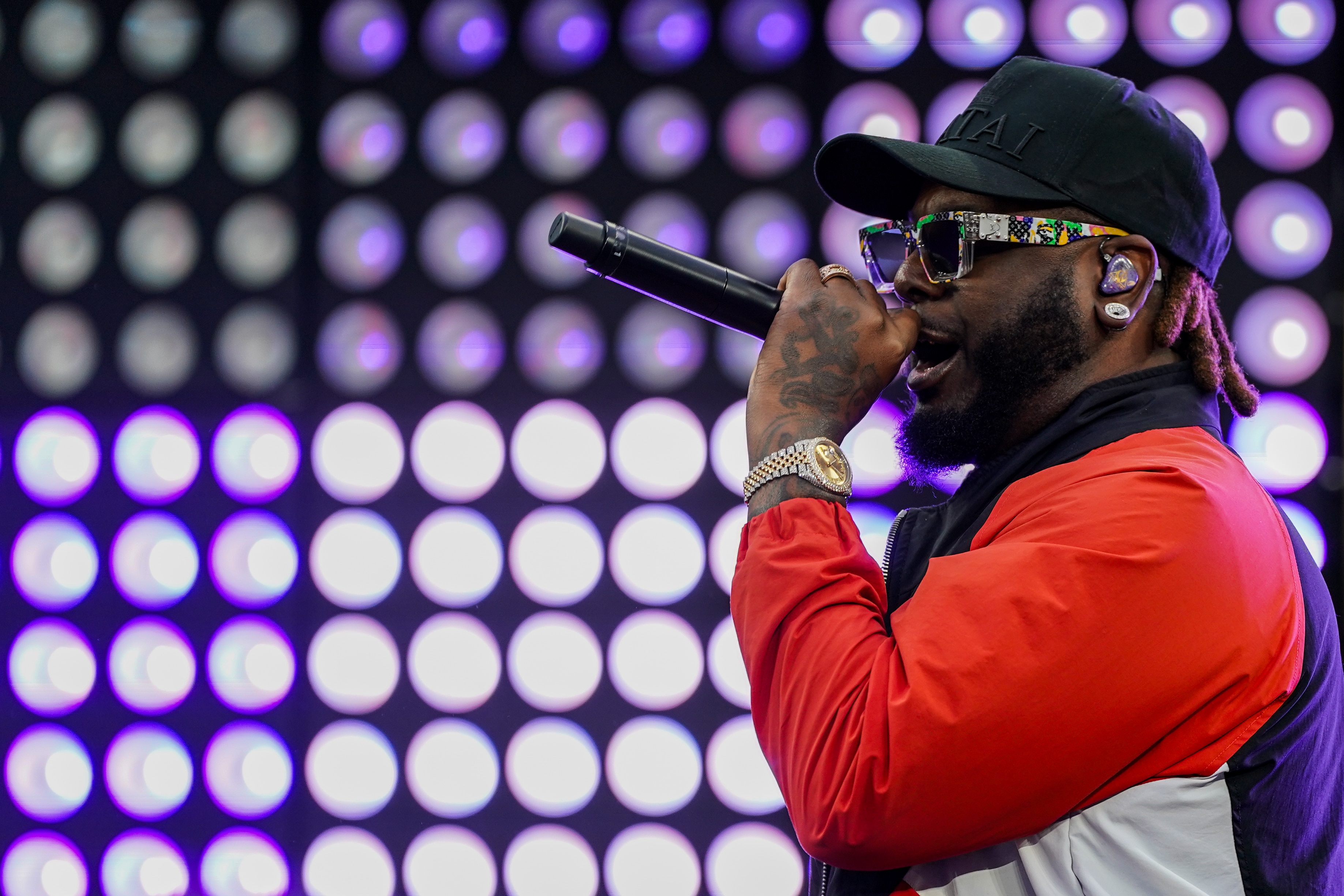 T-Pain performs during halftime of the AFC Championship game between the Baltimore Ravens and Kansas City Chiefs at M&T Bank Stadium in January 2024.