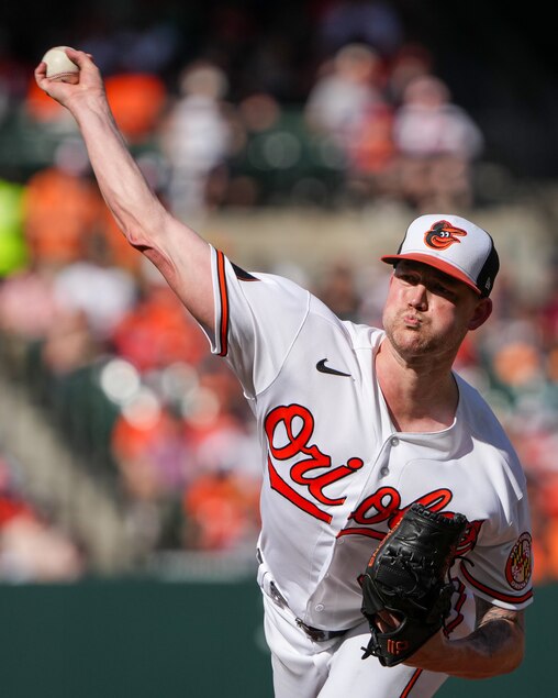 Baltimore Orioles starting pitcher Kyle Bradish (39) pitches during a baseball game against the Boston Rex Sox on Sunday, October 1, 2023.
