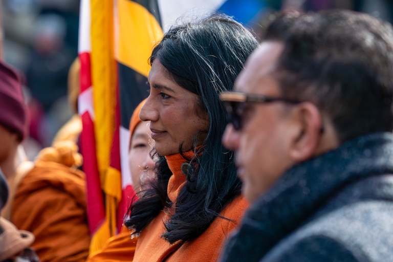 THURSDAY, FEBRUARY 12, 2026 - Lt. Governor of Maryland, Aruna Miller, listens in as Venerable Bhikkhu Pannakara holds his speech in Annapolis, MD.