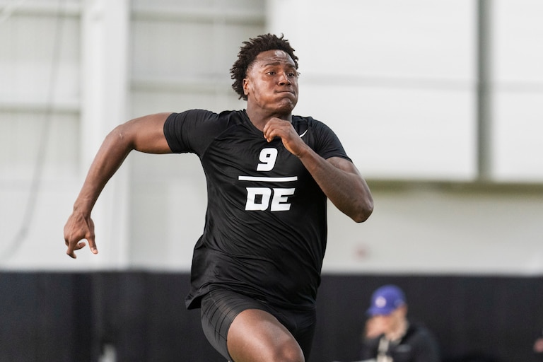 Missouri defensive end Zion Young runs the 40-yard dash during the school's NFL football pro day, Friday, March 20, 2026, in Columbia, Mo. (AP Photo/L.G. Patterson)