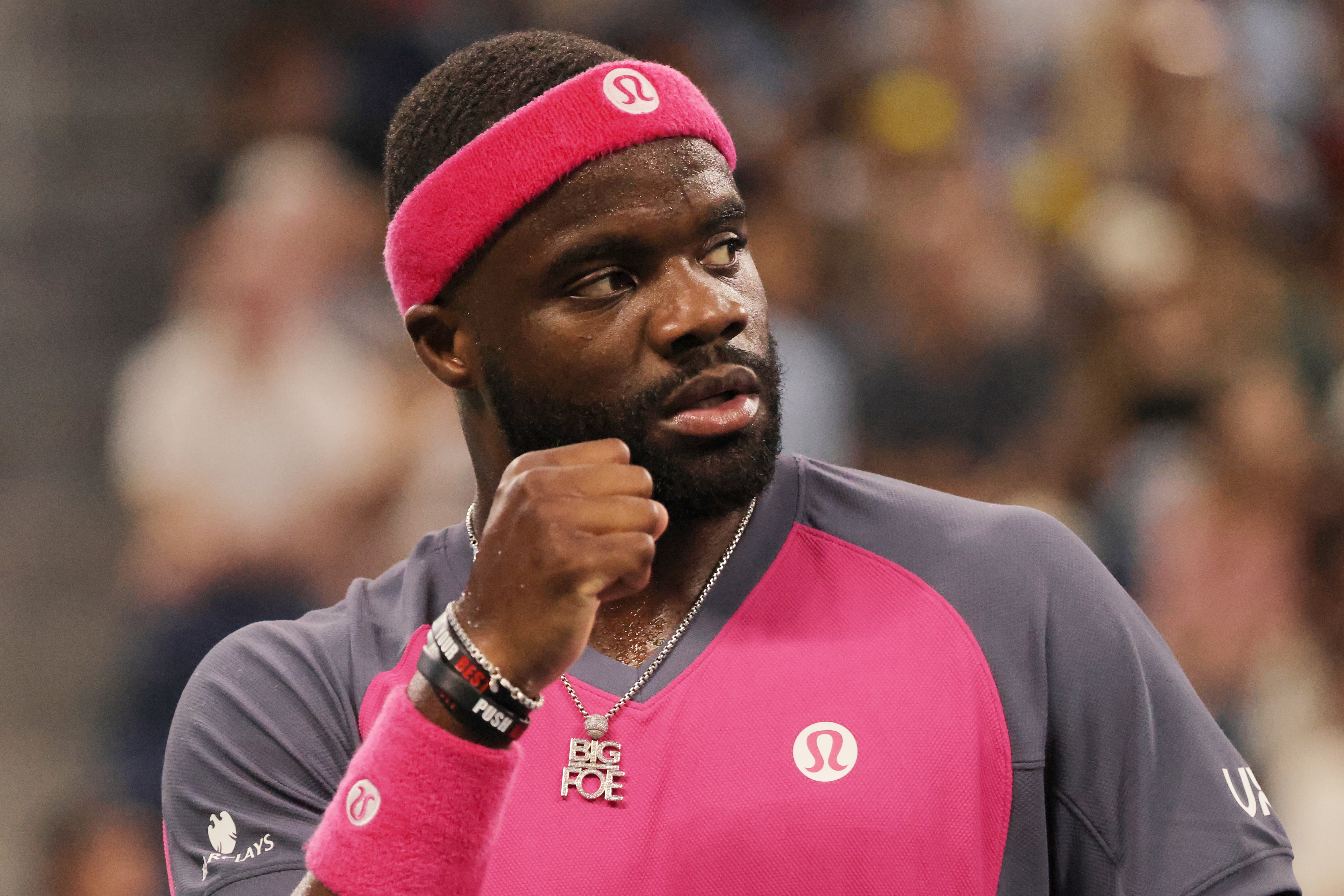 Frances Tiafoe, of the United States, celebrates after a point against Valentin Vacherot, of Monaco, during the third round of the U.S. Open tennis championships, Friday, Sept. 4, 2026, in New York. (AP Photo/Adam Hunger)