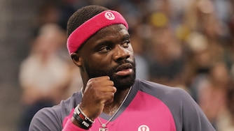 Frances Tiafoe, of the United States, celebrates after a point against Valentin Vacherot, of Monaco, during the third round of the U.S. Open tennis championships, Friday, Sept. 4, 2026, in New York. (AP Photo/Adam Hunger)