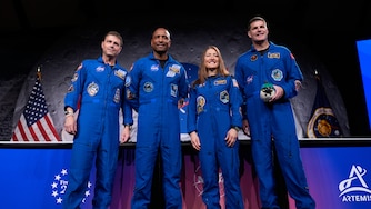 NASA's Artemis II crew - NASA astronauts Reid Wiseman, Victor Glover, and Christina Koch, and Canadian Space Agency (CSA) astronaut Jeremy Hansen pose for a photo during a press conference on Thursday, April 16, 2026, in Houston. (AP Photo/Ashley Landis)