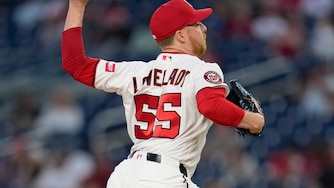 Washington Nationals pitcher Richard Lovelady throws to the Miami Marlins during the sixth inning.