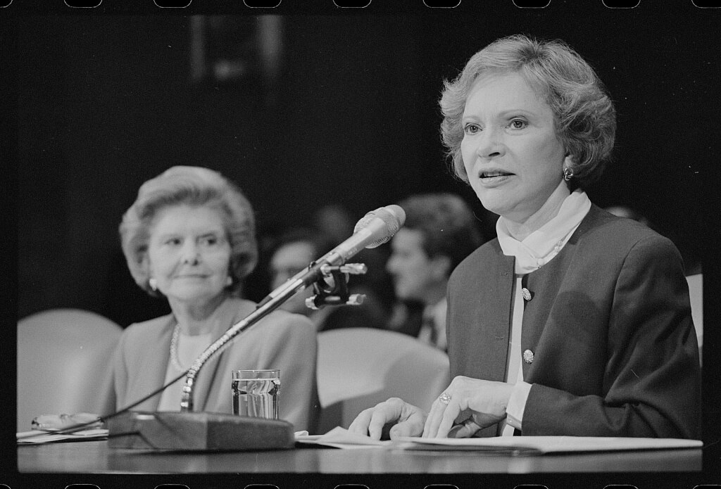 Former First Ladies Betty Ford and Rosalynn Carter testifying before Congress in support of including mental health and substance abuse treatment benefits in the national health care reform plan, Washington, D.C.