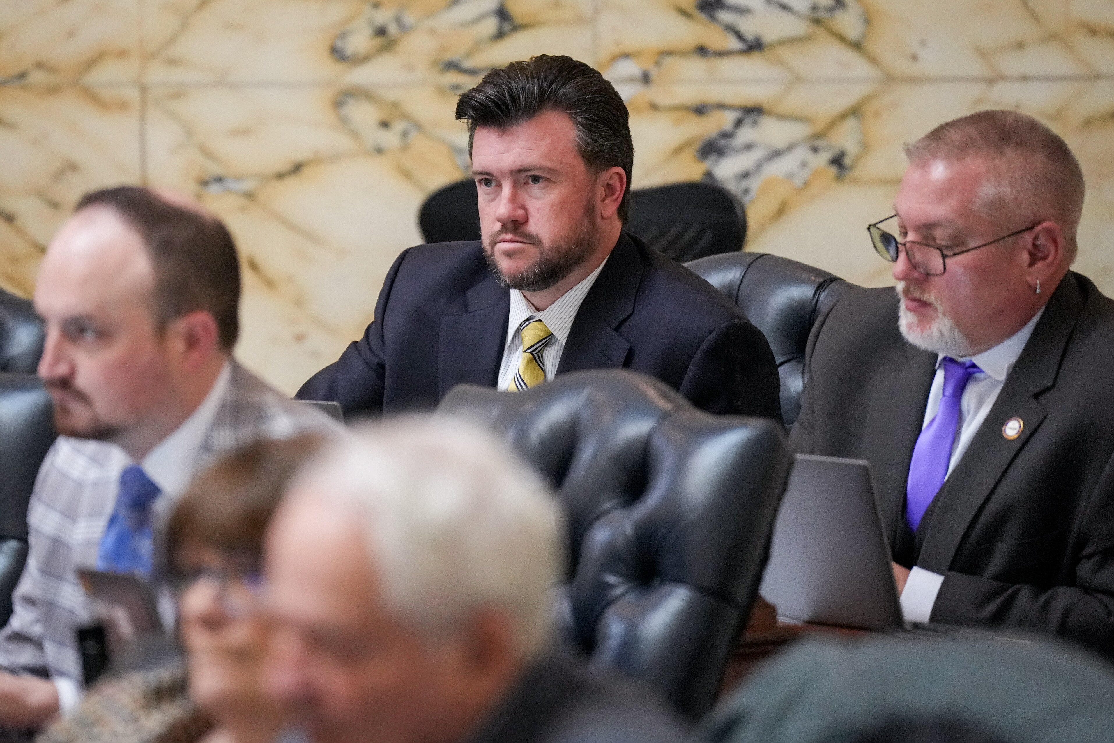 Del. Kevin Hornberger (center), a Cecil County Republican, sits in the House chamber on “crossover day” in the Maryland State House in Annapolis on March 18, 2024.