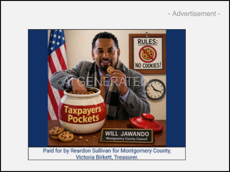 An AI-generated cartoon ad of Will Jawando paid for by Reardon Sullivan ran in Bethesda Today's newsletter on Friday. A label has been added by The Banner to indicate the image is AI-generated.
