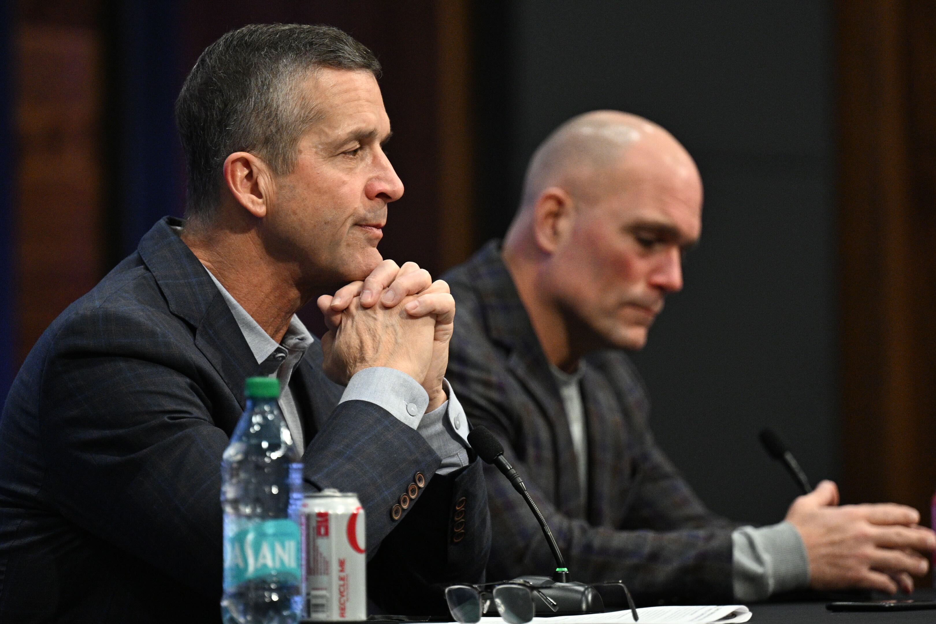 Baltimore Ravens general manager and Executive Vice President Eric DeCosta, right, and coach John Harbaugh hold a season review press conference at the Under Armour Performance Center in Owings Mills.