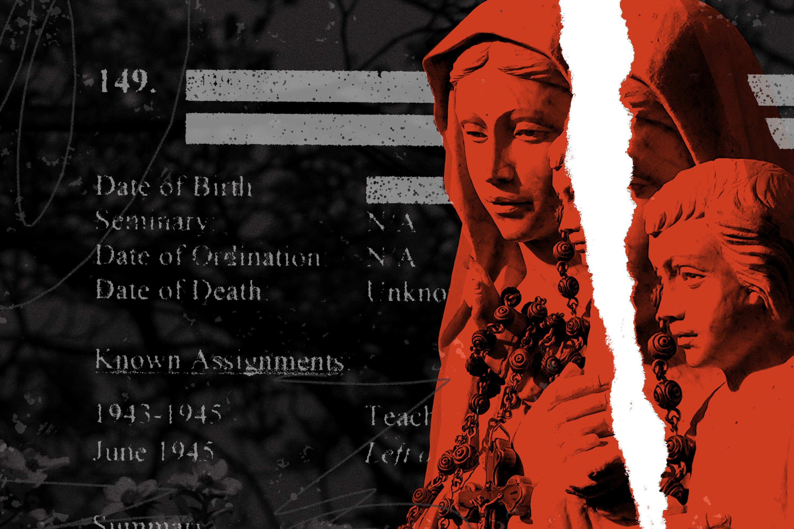 Photo collage of red torn image of Virgin Mary and child statue, with dark background that includes number 149 and redaction boxes.