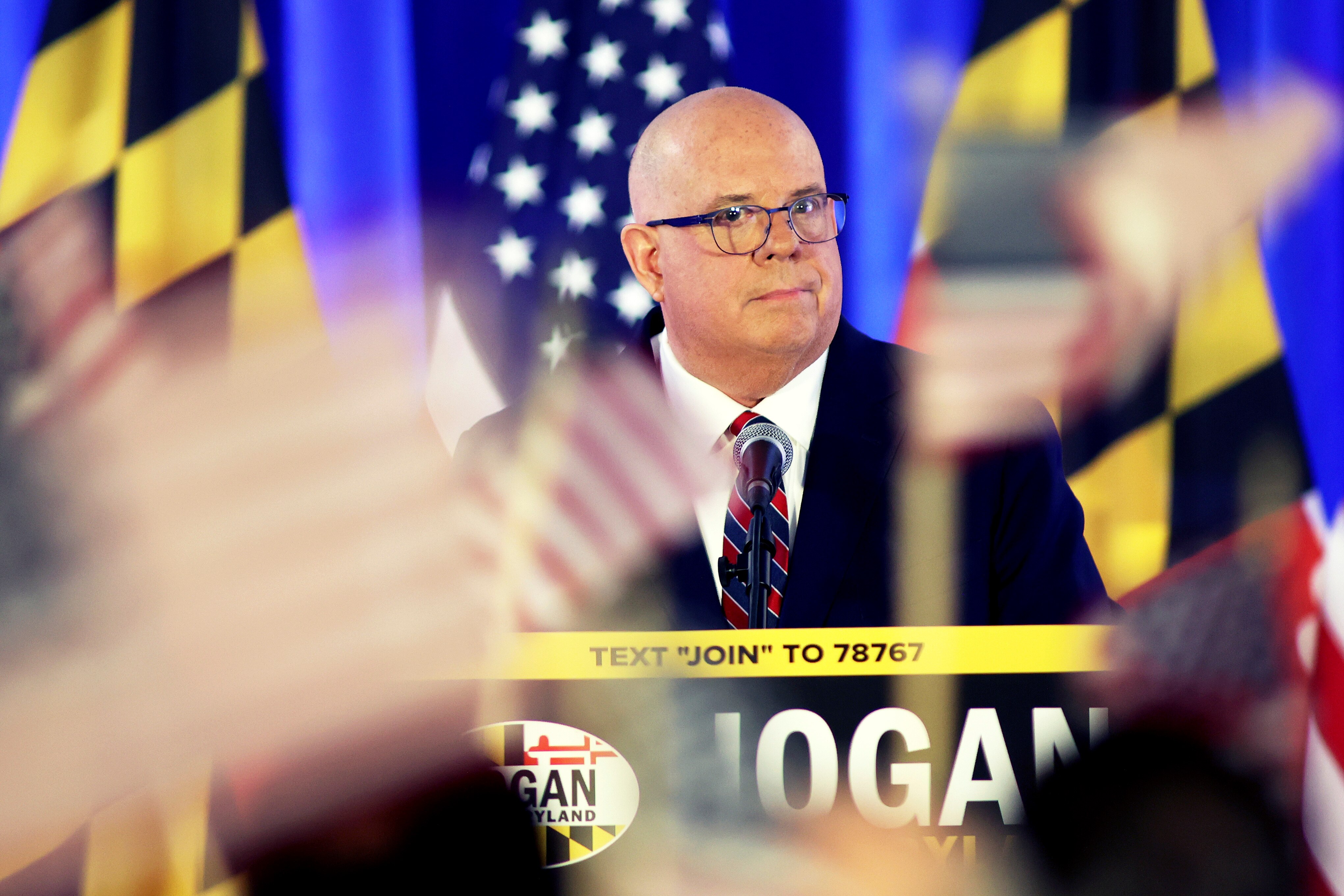 Former Maryland Gov. Larry Hogan speaks during a primary night election party.