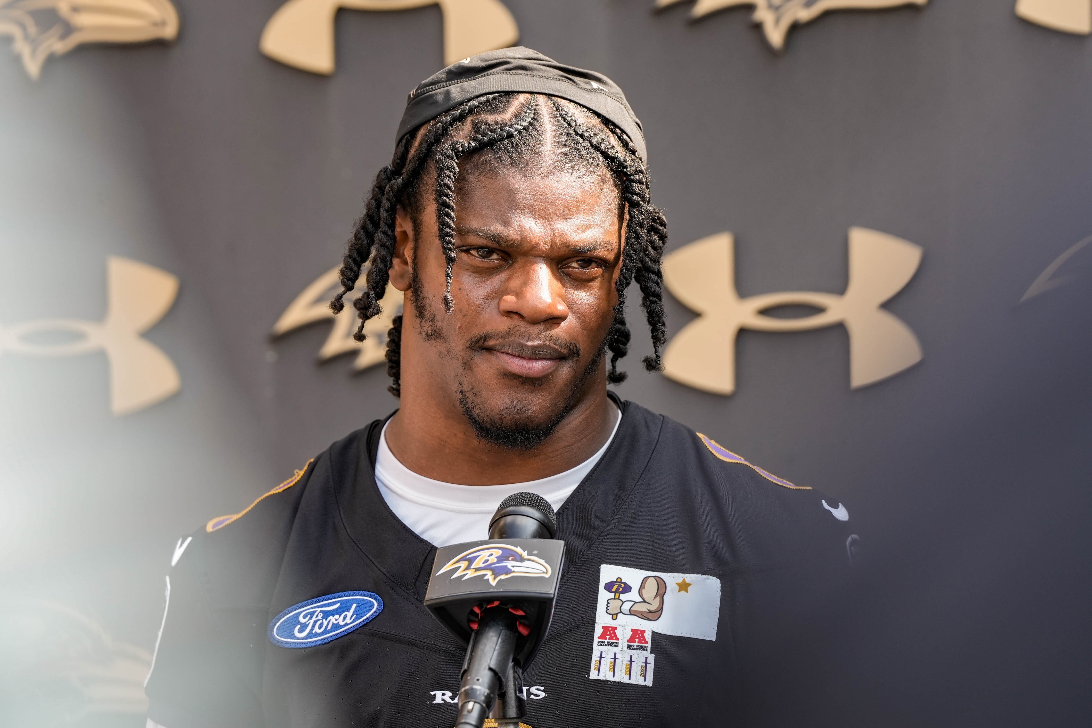 Ravens quarterback Lamar Jackson speaks at a press conference during training camp.