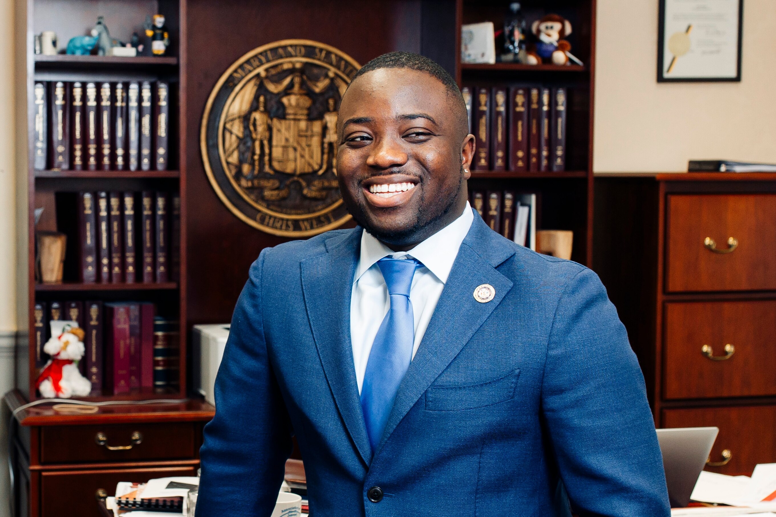 Del. Adrian Boafo stands in Sen. West’s office at the Maryland State House on Monday, April 1, 2024 in Annapolis, MD. The pair teamed up on a bill to limit landlords in how they consider criminal history of prospective tenants. The bill did not pass, but they're hopeful in the future.
