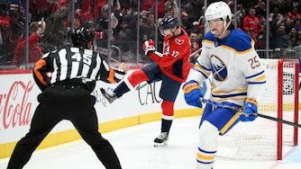 Washington Capitals center Dylan Strome (17) celebrates after his goal near Buffalo Sabres defenseman Owen Power (25) during the second period of an NHL hockey game, Saturday, Oct. 24, 2026, in Washington. (AP Photo/Nick Wass)