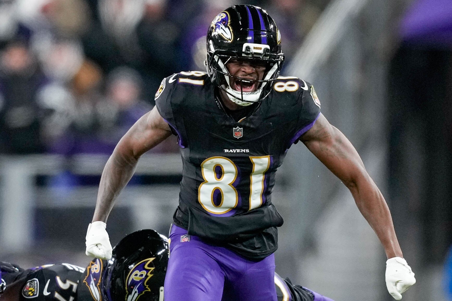 Ravens wide receiver Devontez Walker celebrates a fumble by the Patriots in Week 16.