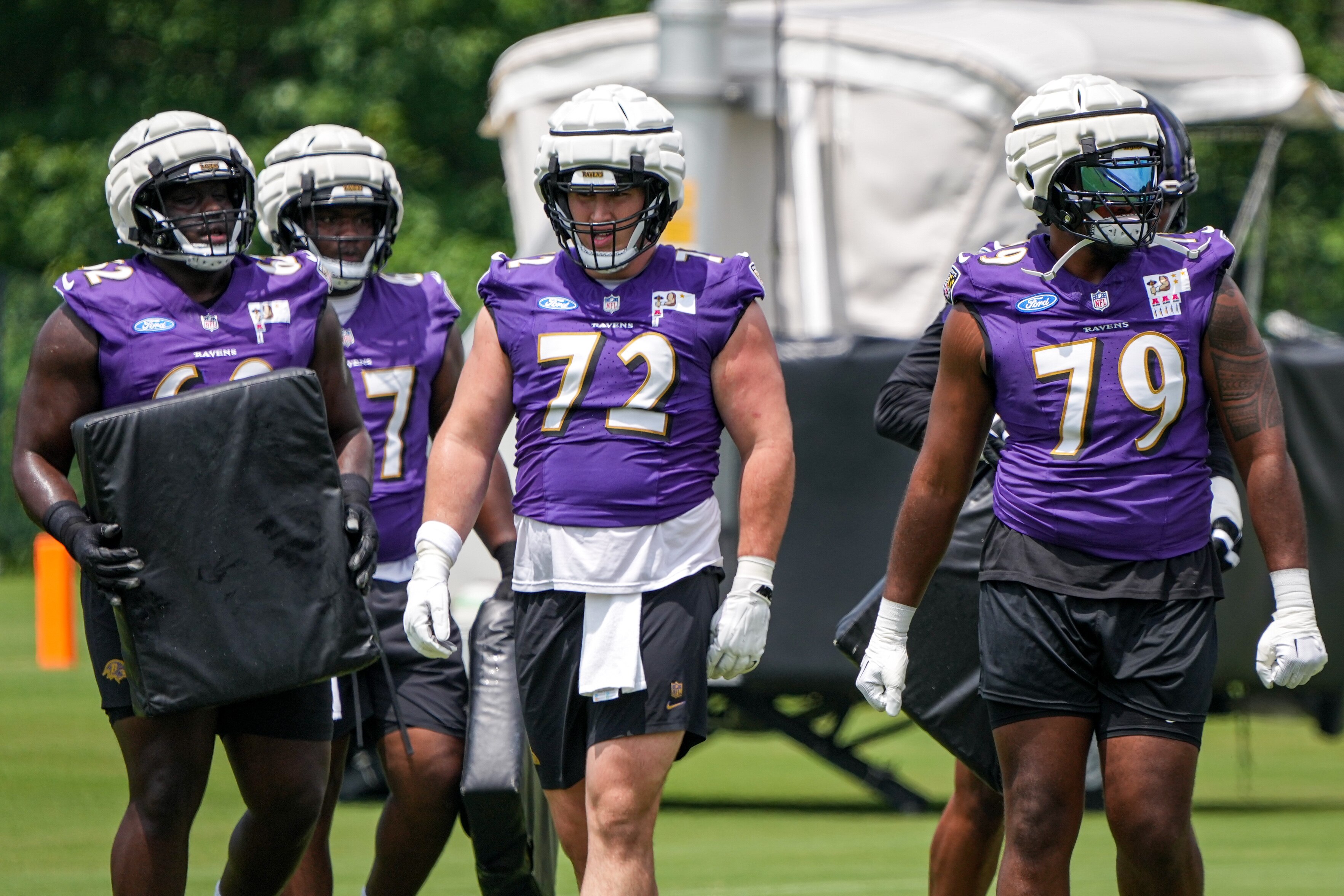 Ravens guard Andrew Vorhees (72) has been ruled out of Sunday night’s game against the Buffalo Bills.