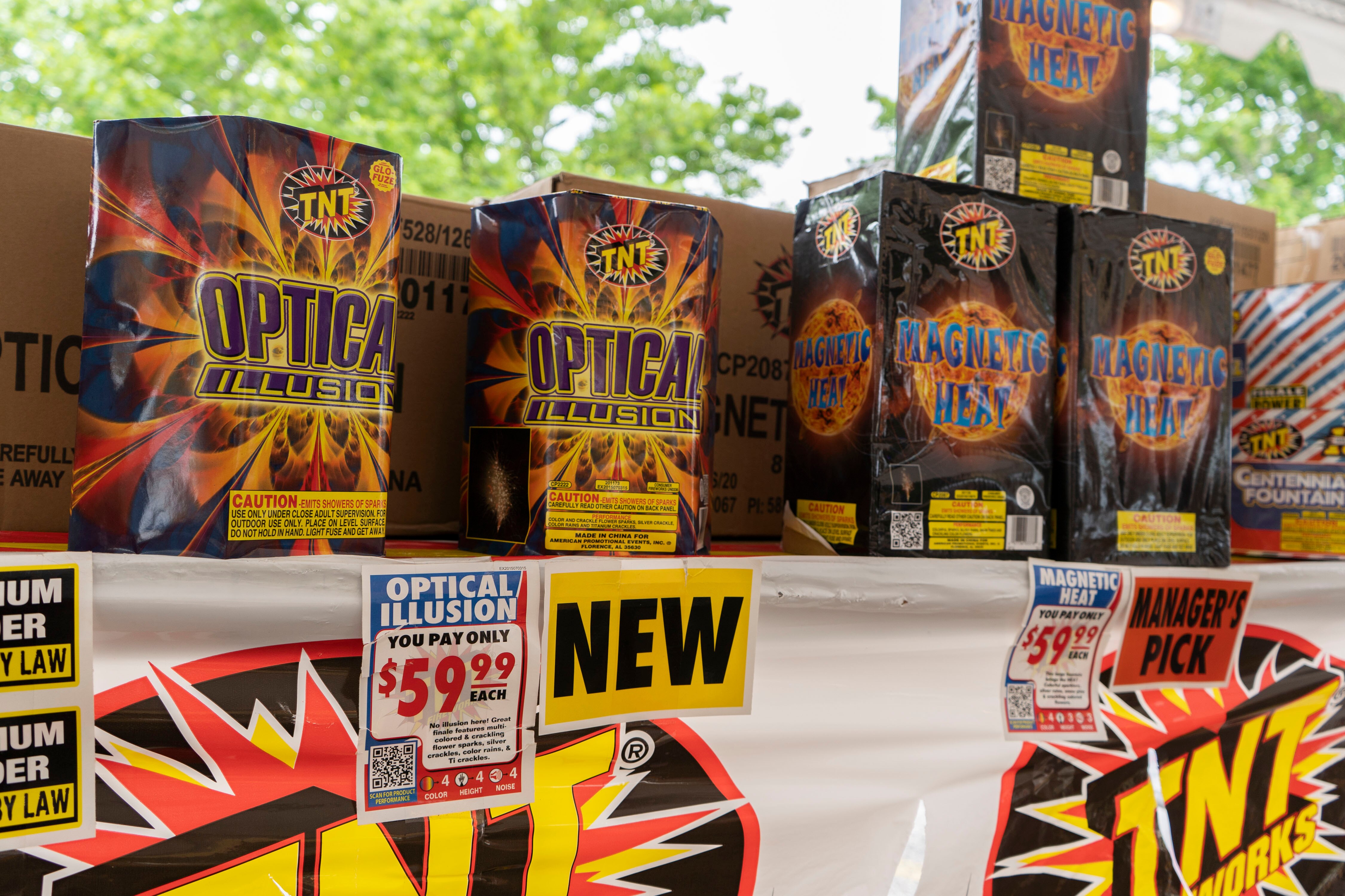 Fireworks prices at a TNT Fireworks stand in a Walmart parking lot in Catonsville, MD.