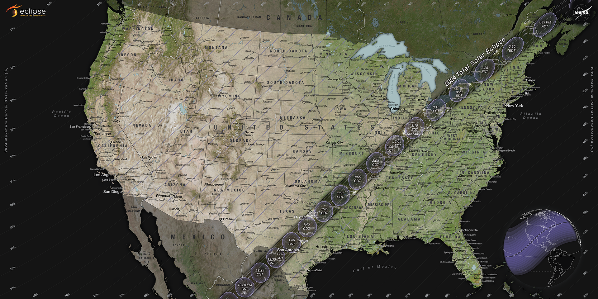 A map that shows the path of totality for the April 2024 solar eclipse over the United States.