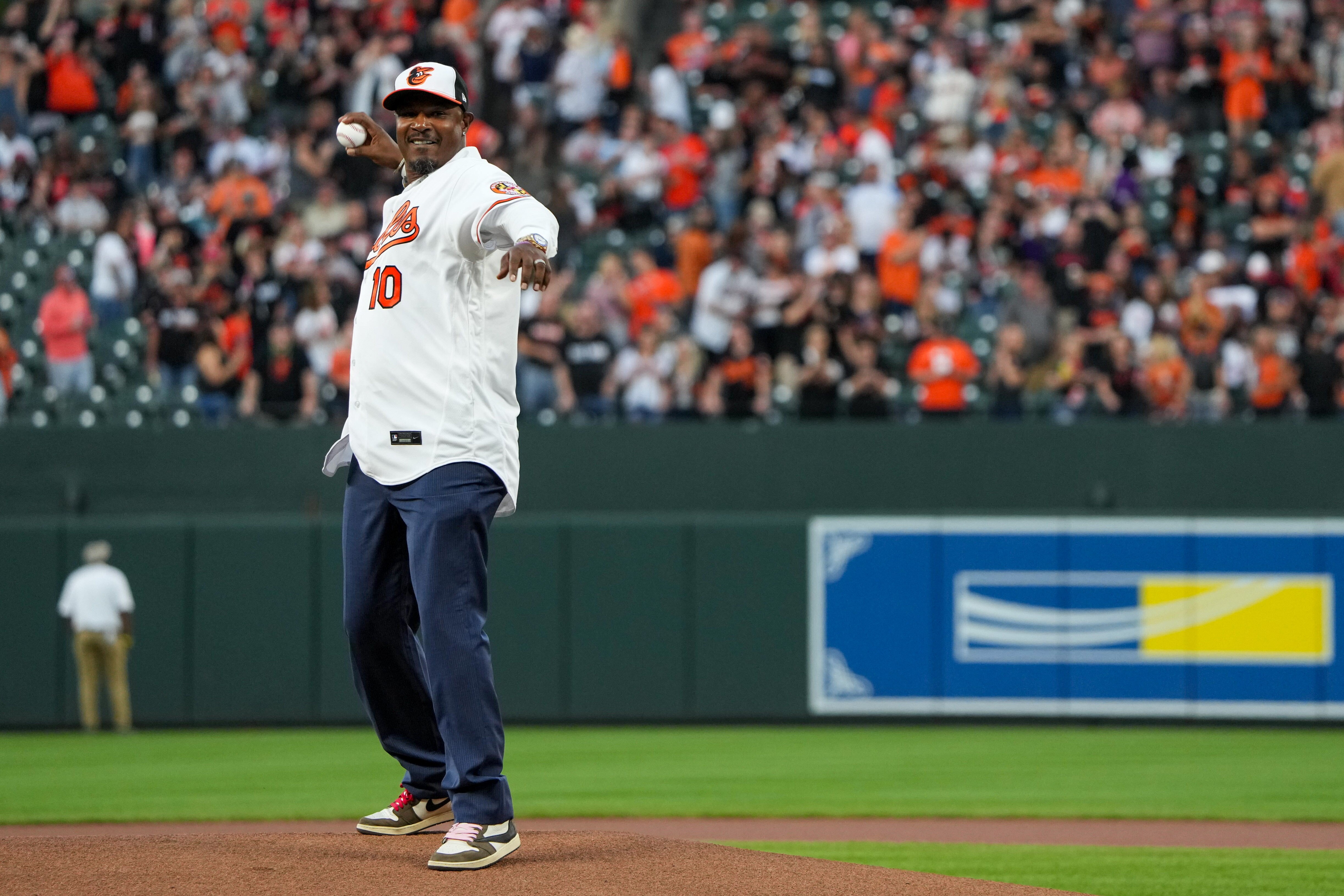 Baltimore Orioles icon Adam Jones (10) retired officially as an Oriole during a pre-game ceremony Friday, September 15, 2023 at Camden Yards. With him during the celebration was his wife, Audie, and their kids, August and Axel.
