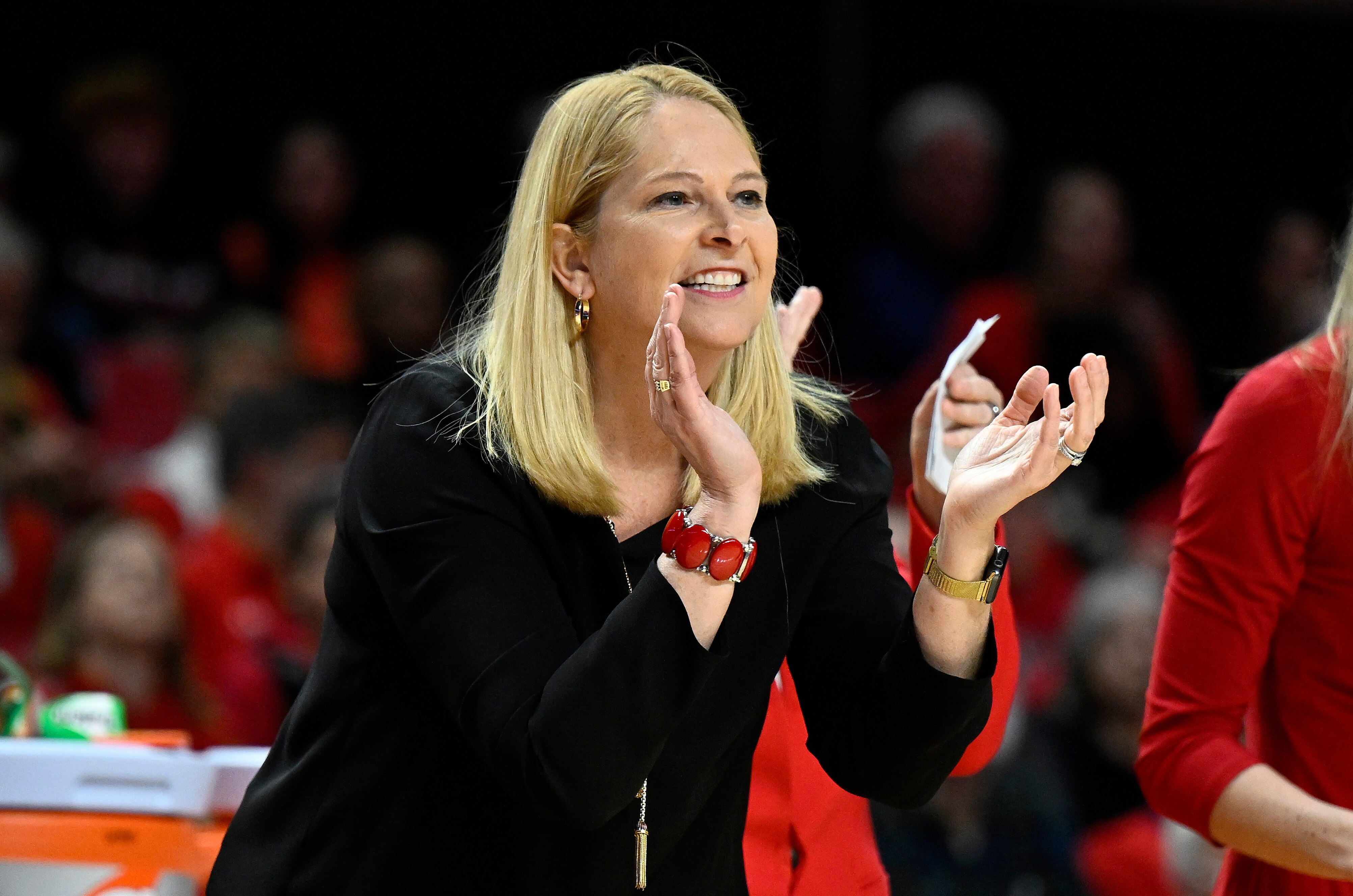 Head coach Brenda Frese of the Maryland Terrapins celebrates in the third quarter of the game against the Iowa Hawkeyes at Xfinity Center on Feb. 21, 2023 in College Park, Maryland.