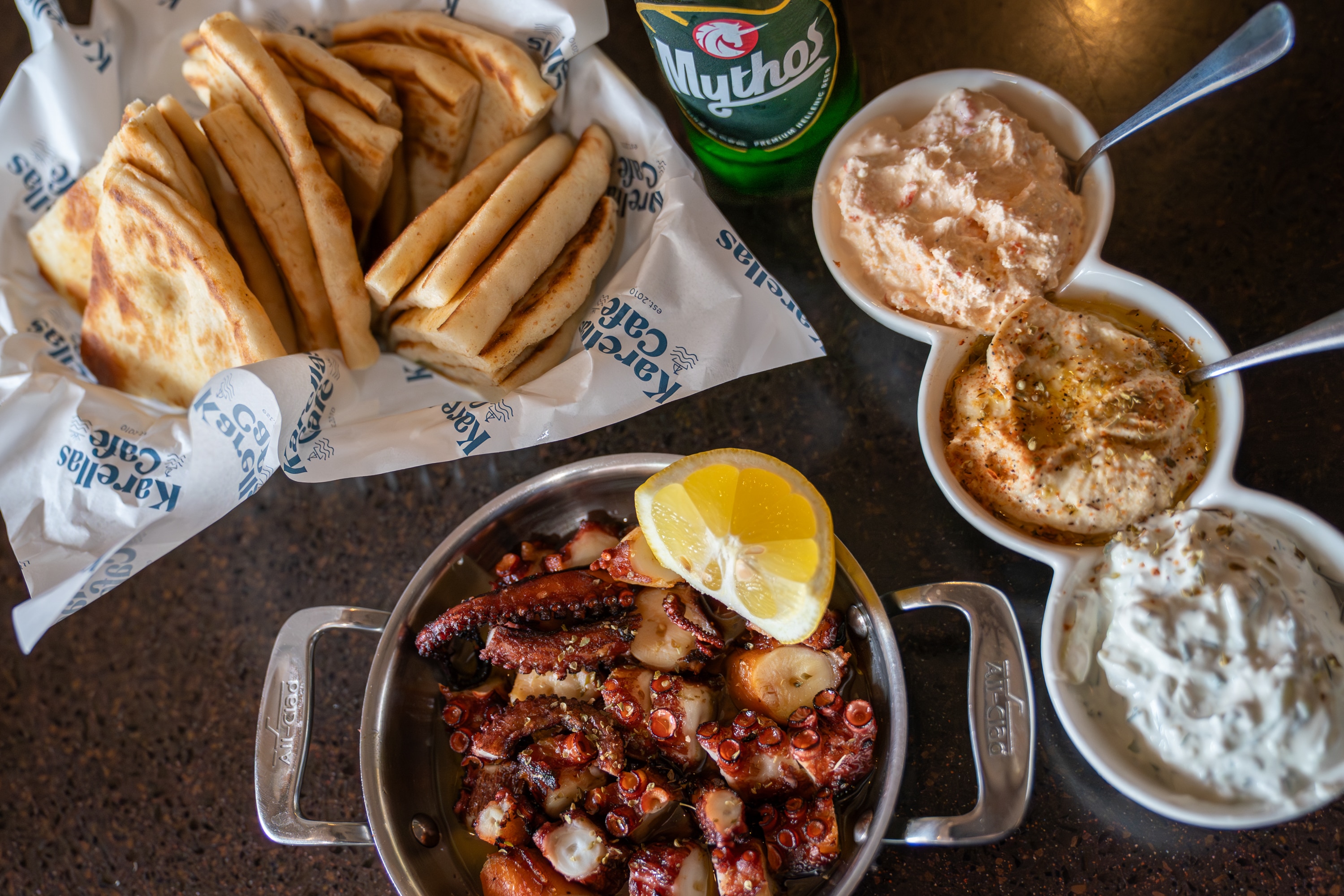One of Karellas Cafe’s signature dishes is their grilled octopus drizzled in vinegar and olive oil. They’re also known for their tzatziki, hummus and tyrokafteri, which can be eaten with pita.