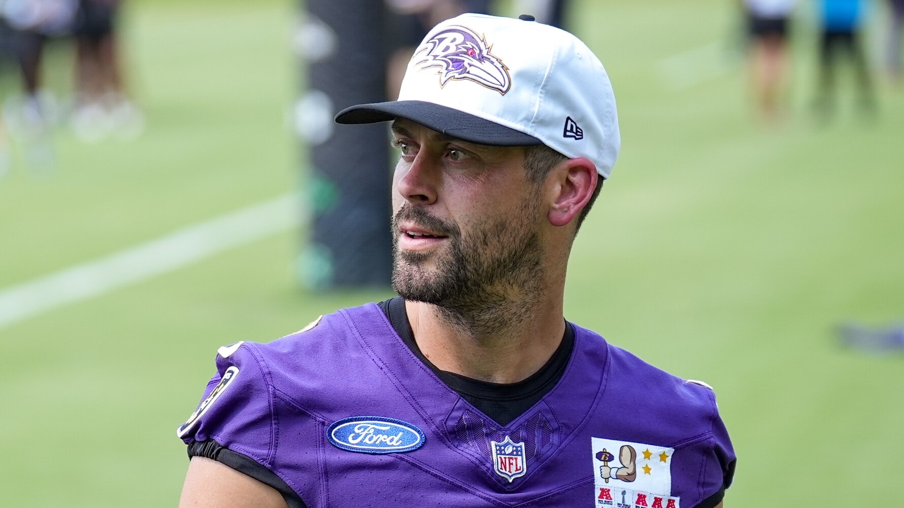 Baltimore Ravens kicker Justin Tucker (9) walks around the sidelines after the first day of the team’s 2024 Training Camp at the Under Armour Performance Center in Owings Mills, Maryland on Sunday, July 21, 2024.