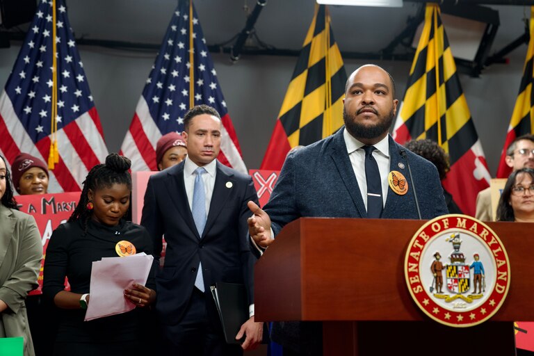 January 22, 2026 - Latino Caucus Chair Del. Ashanti Martinez speaks as CASA holds a press conference ahead of the hearing for bill SB245, which would prohibit local governments, county sheriffs, or other agencies from entering into immigration enforcement agreements.