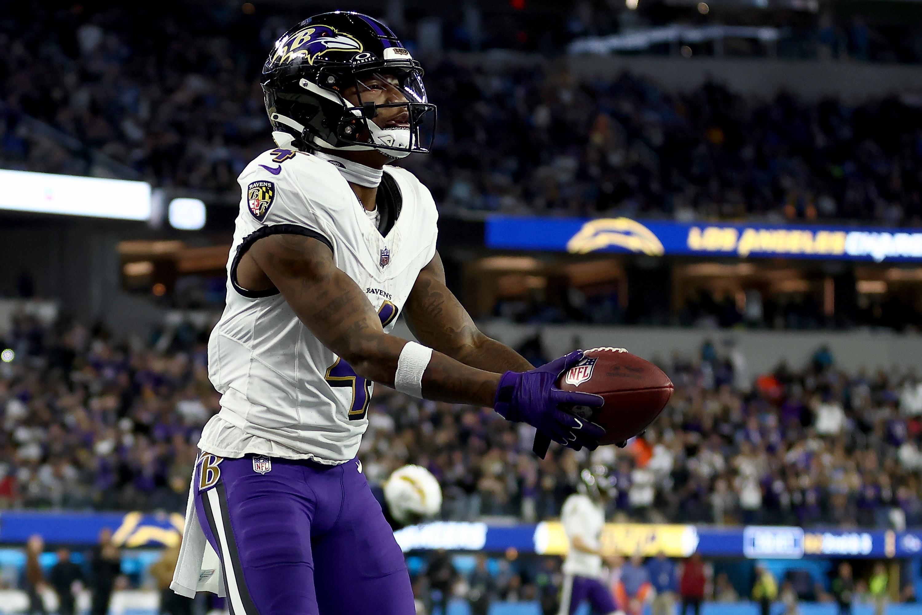 Ravens receiver Zay Flowers celebrates the first of his two touchdowns Sunday night in a 20-10 win over the Los Angeles Chargers.