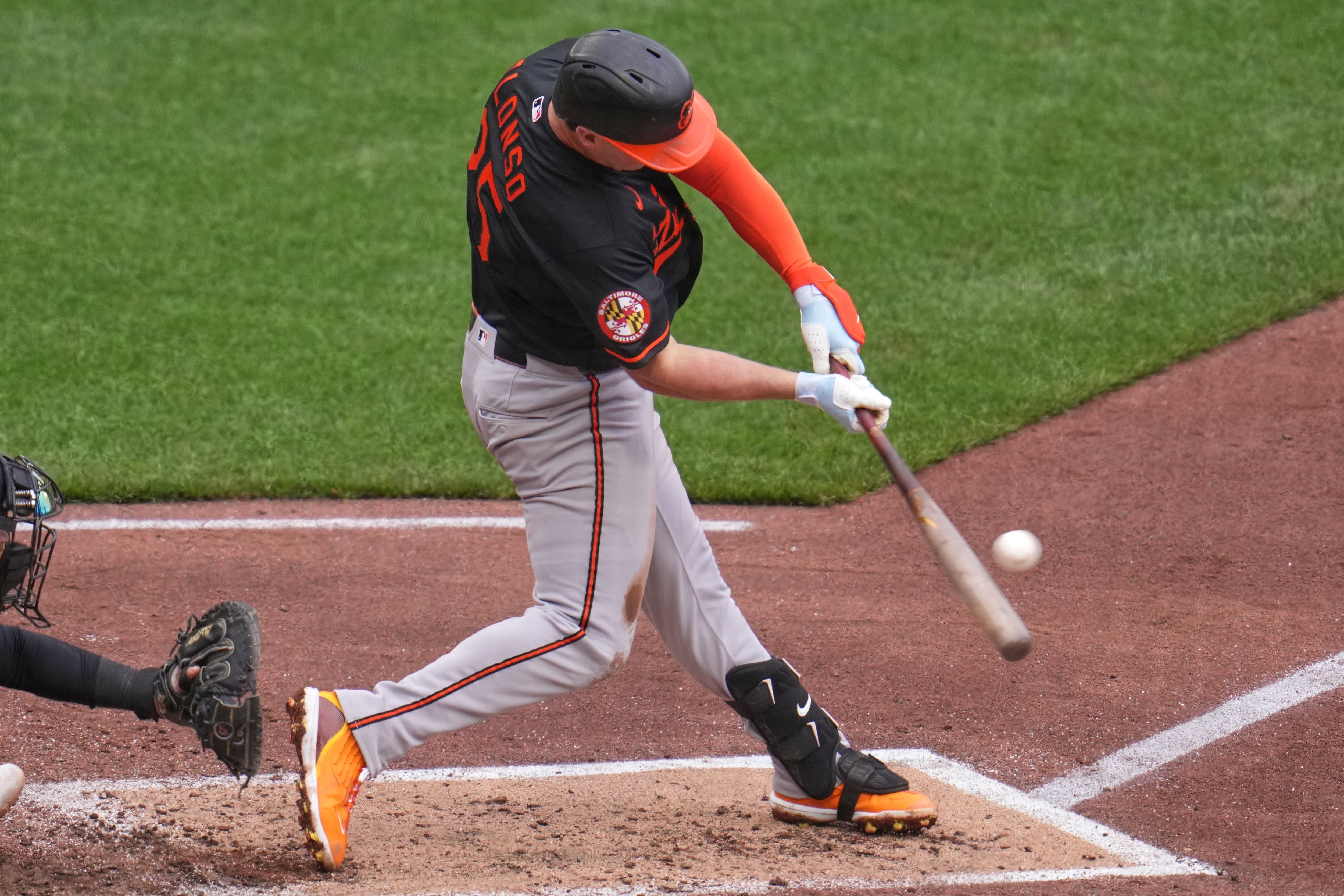 Baltimore Orioles' Pete Alonso doubles off Pittsburgh Pirates pitcher Braxton Ashcraft, driving in a run, during the fourth inning of a baseball game in Pittsburgh, Sunday, April 5, 2026.