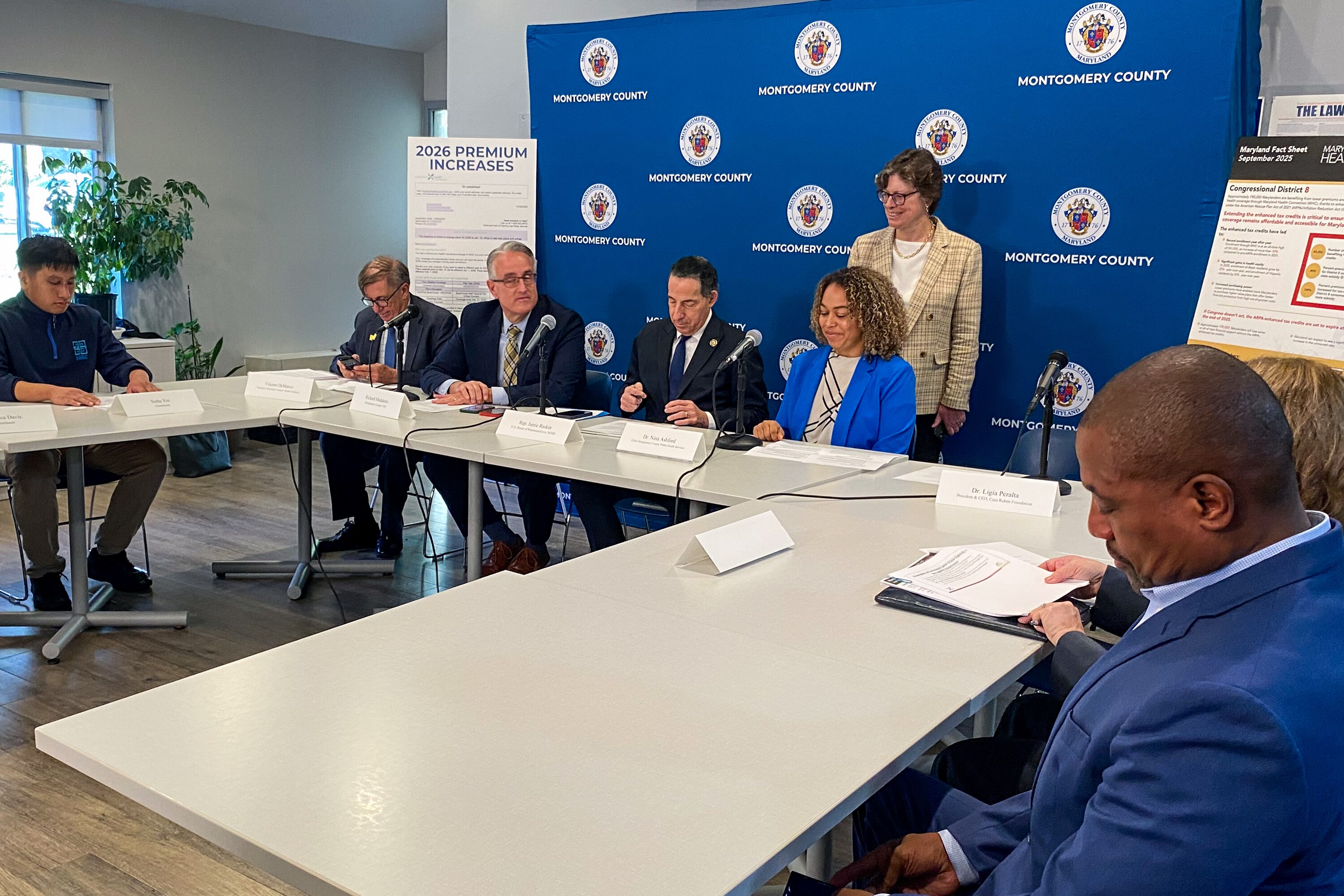 Rep. Jamie Raskin, center, a Maryland Democrat, leads a news conference in Silver Spring calling for an end to the government shutdown and an extension of subsidies that help people buy health coverage on the state health exchange.