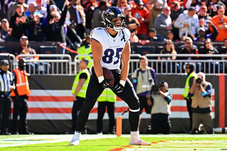 CLEVELAND, OHIO - OCTOBER 18: Josh Cuevas #85 of the Baltimore Ravens celebrates after scoring a touchdown against the Cleveland Browns during the first quarter of the game at Huntington Bank Field on October 18, 2026 in Cleveland, Ohio. (Photo by Jason Miller/Getty Images)