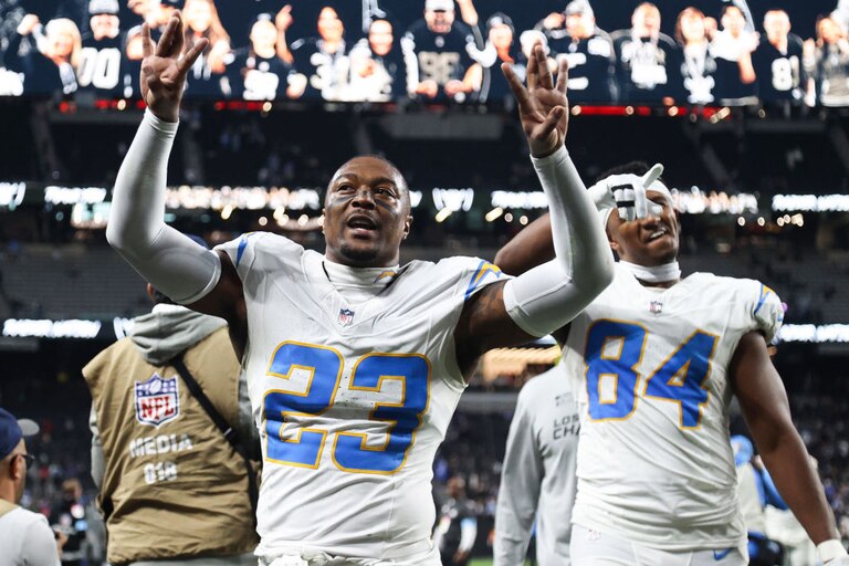 Chargers safety Tony Jefferson reacts after defeating the Las Vegas Raiders 34-20 in Week 18 of the 2024 season.