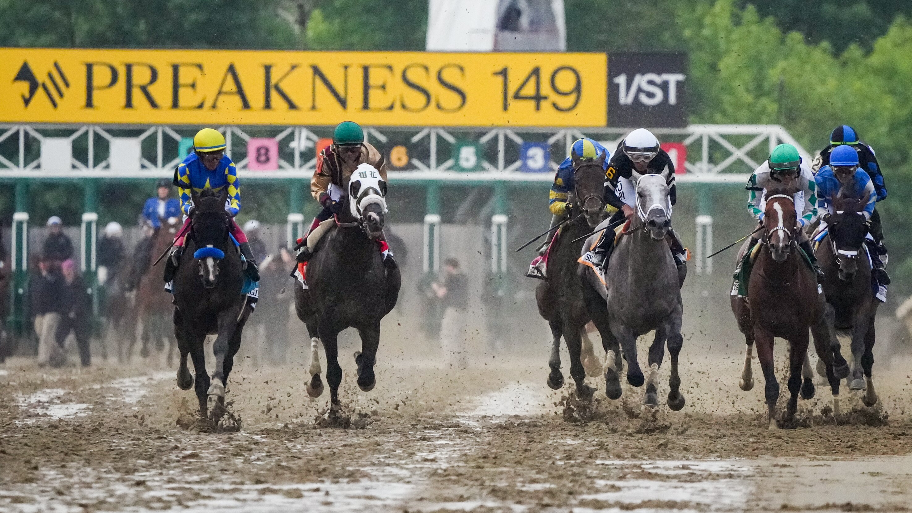 Seize The Grey, ridden by jockey Jaime Torres, takes an early lead in the 149th running of the Preakness Stakes at Pimlico Race Course on May 18, 2024.