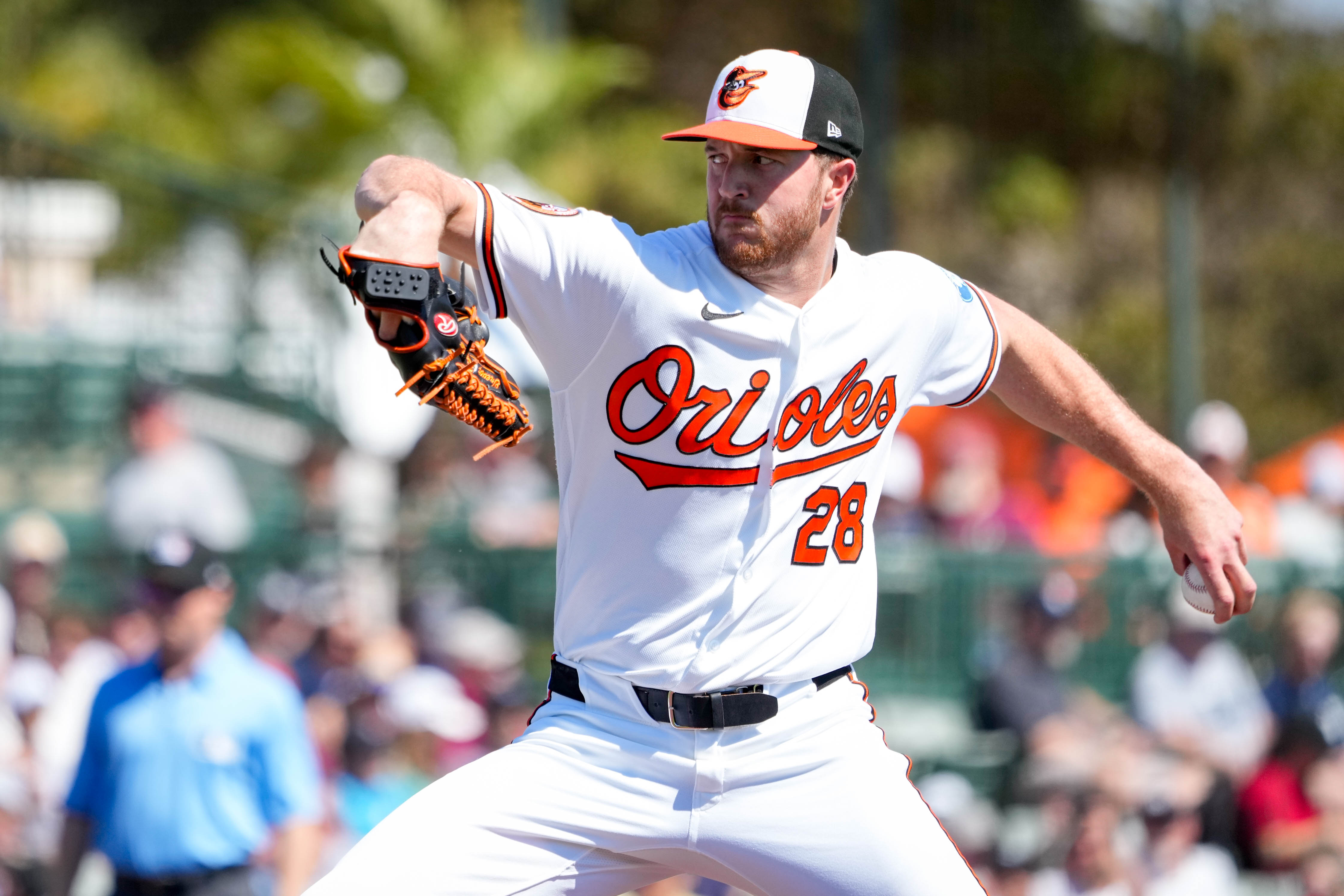 Baltimore Orioles starting pitcher Trevor Rogers (28) delivers a pitch in the first inning of a Spring Training game against the New York Yankees at Ed Smith Stadium in Sarasota, Florida, on Friday, Feb. 20, 2026.