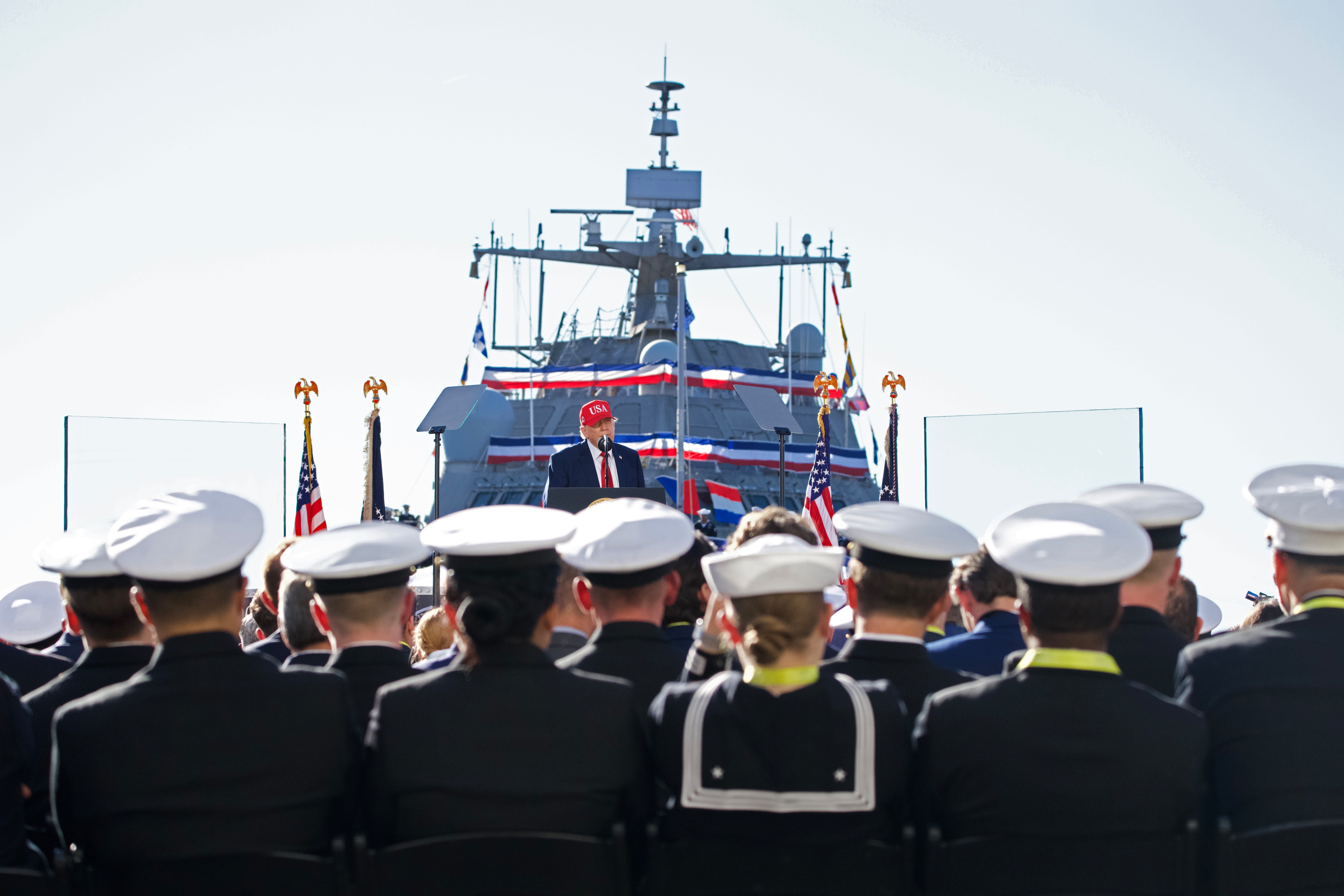 President Trump speaks at Tradepoint Atlantic, within viewing distance is the Key Bridge, which is being rebuilt after a container ship crashed into the span in 2024.
