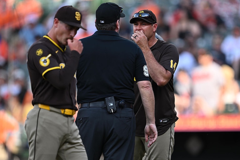 Padres manager Craig Stammen argues with umpire Chris Conroy after pitcher Ron Marinaccio, foreground, is ejected in the ninth inning of Saturday's game.