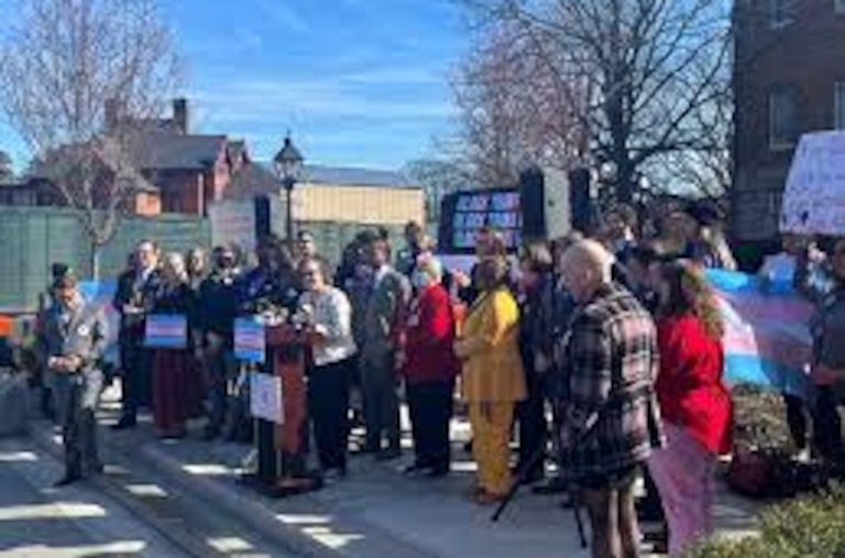 Supporters of trans health bills speak in front of Maryland State House on Feb. 14, 2023 in Annapolis, Maryland.
