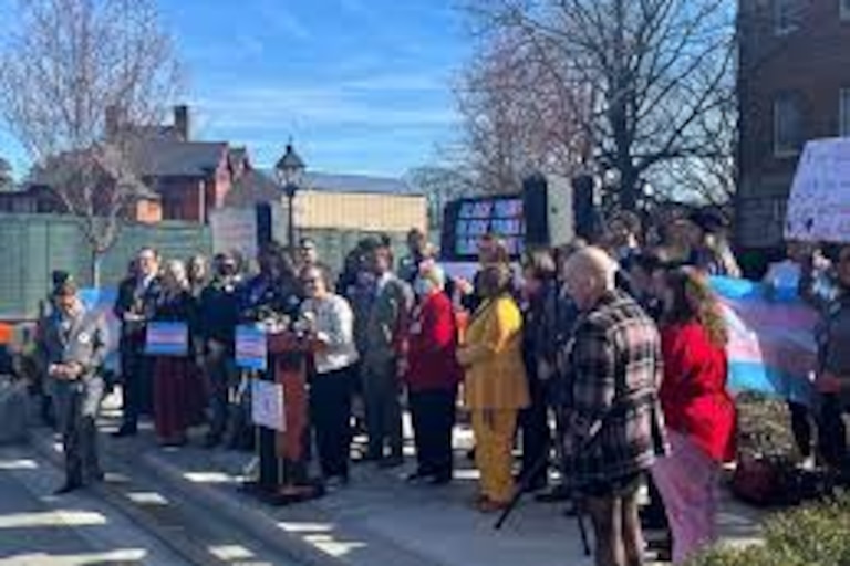 Supporters of trans health bills speak in front of Maryland State House on Feb. 14, 2023 in Annapolis, Maryland.