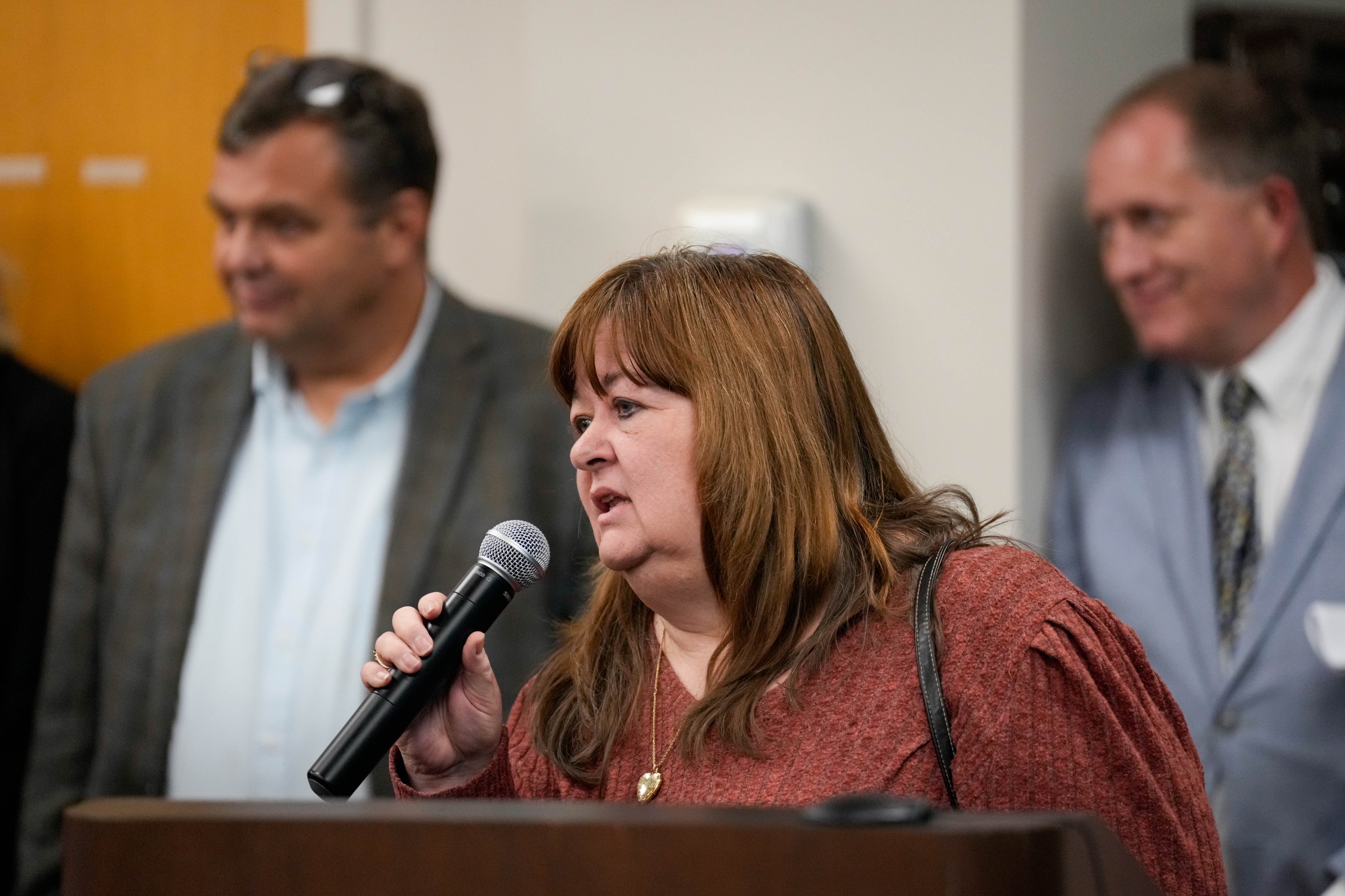 Kimberley Stansbury, who says she is running for Baltimore County Executive, gives her testimony during a public hearing regarding a potential permit for the Days Cove Rubble Landfill to dump more leachate into the Gunpowder River at the Perry Hall Public Library in Perry Hall, Md., on Tuesday, Sept. 16, 2025.