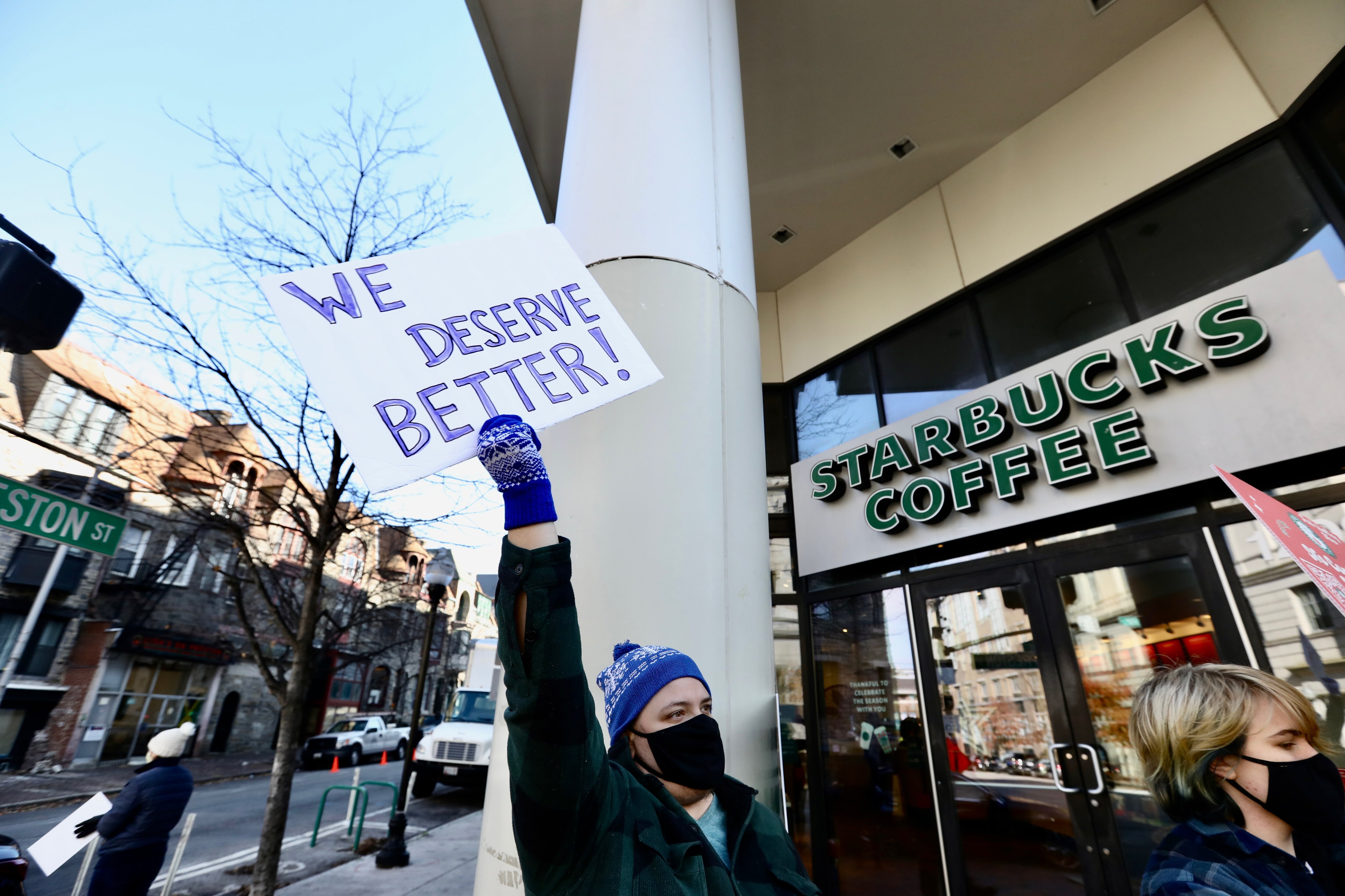 Starbucks employees cite labor issues while on strike at Baltimore’s North Charles St, location on Nov. 17, 2022.