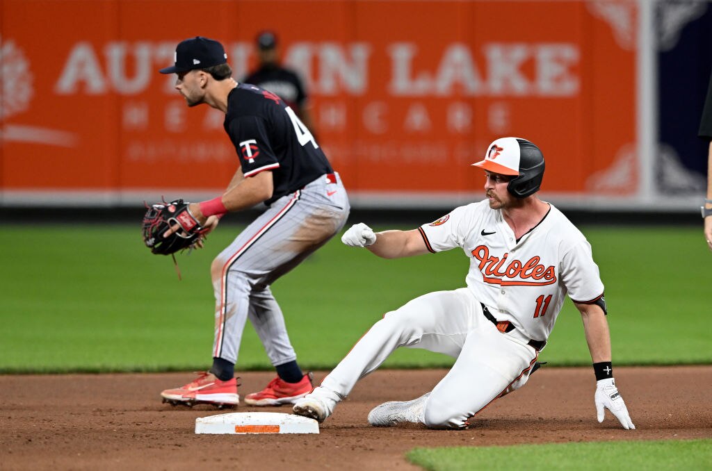Jordan Westburg, #11 of the Baltimore Orioles, slides into second base for a double in the seventh inning against the Minnesota Twins. (Photo by Greg Fiume/Getty Images)