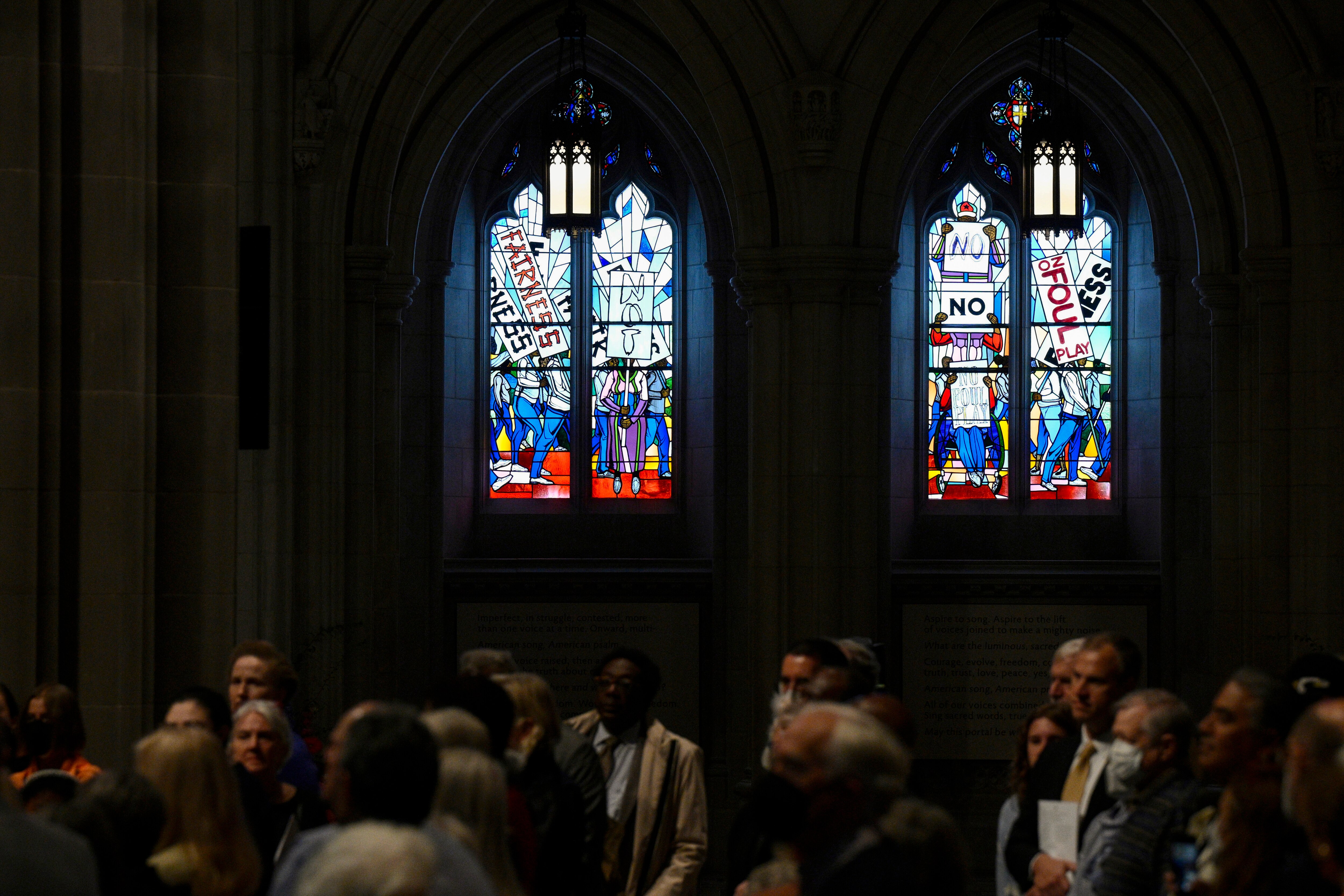 The new windows, titled “Now and Forever," are based on a design by artist Kerry James Marshall. Stained-glass artisan Andrew Goldkuhle crafted the windows.